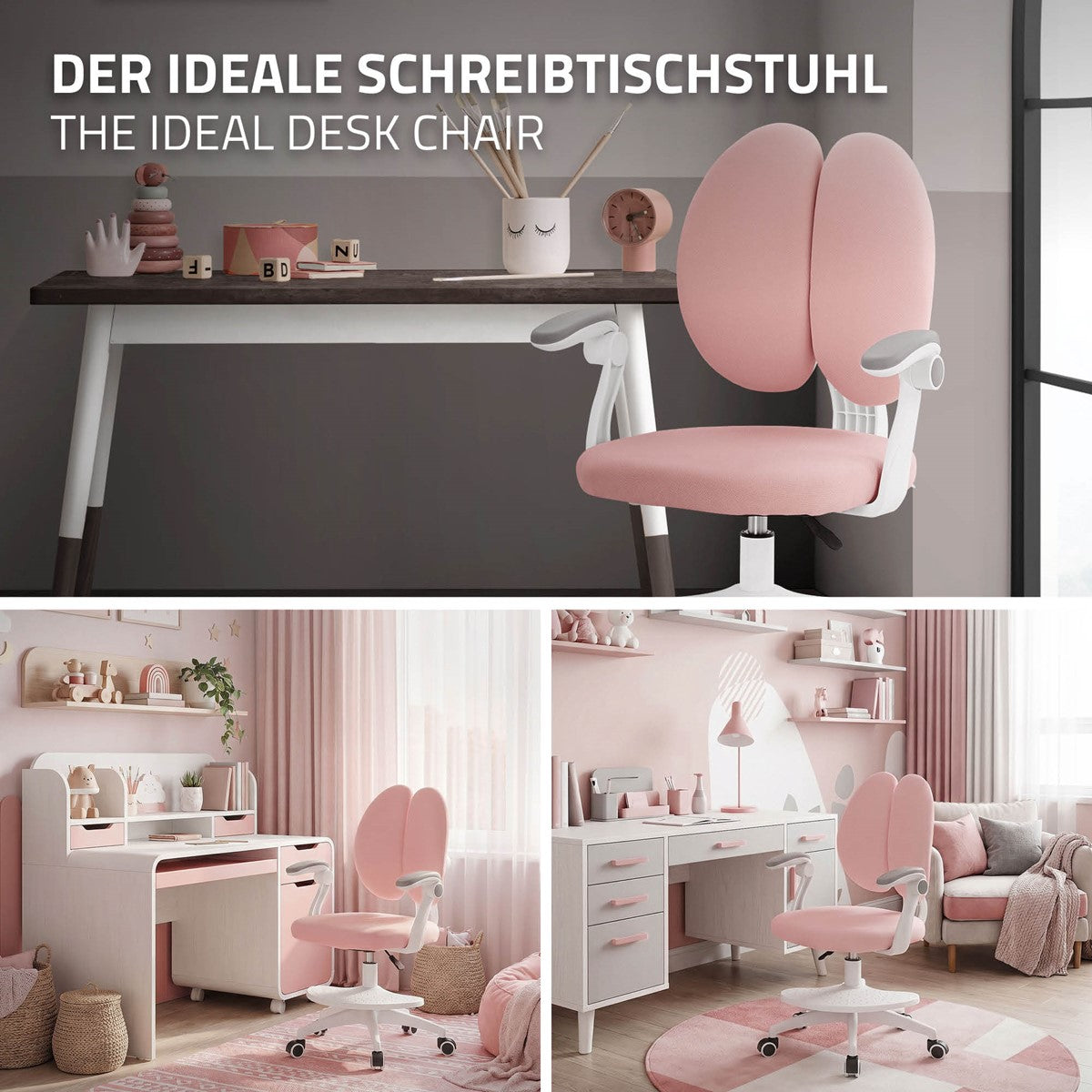 Ein rosa Schreibtischstuhl vor einem Schreibtisch in einem modernen Raum.