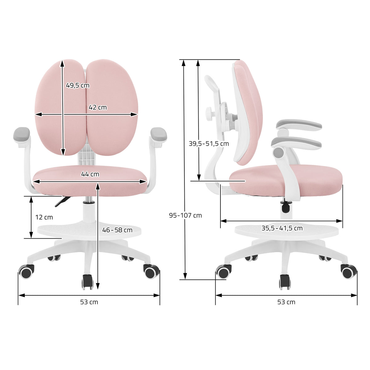 Bürostuhl in Rosa mit Maßangaben, verstellbare Rückenlehne und Armlehnen.