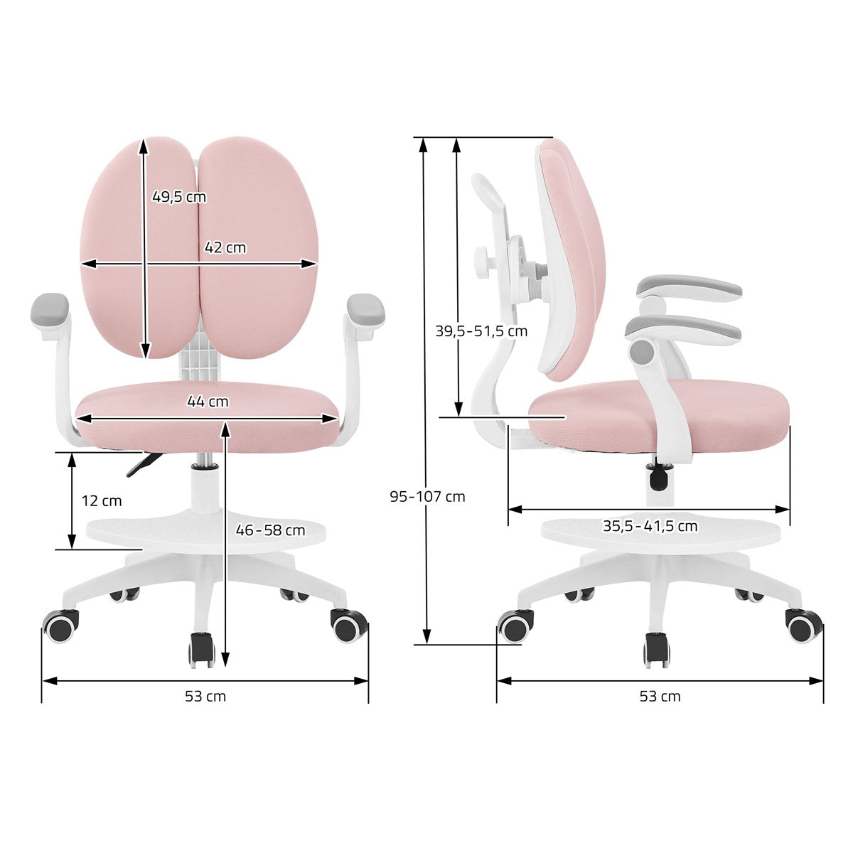 Bürostuhl in Rosa mit Maßangaben, verstellbare Rückenlehne und Armlehnen.