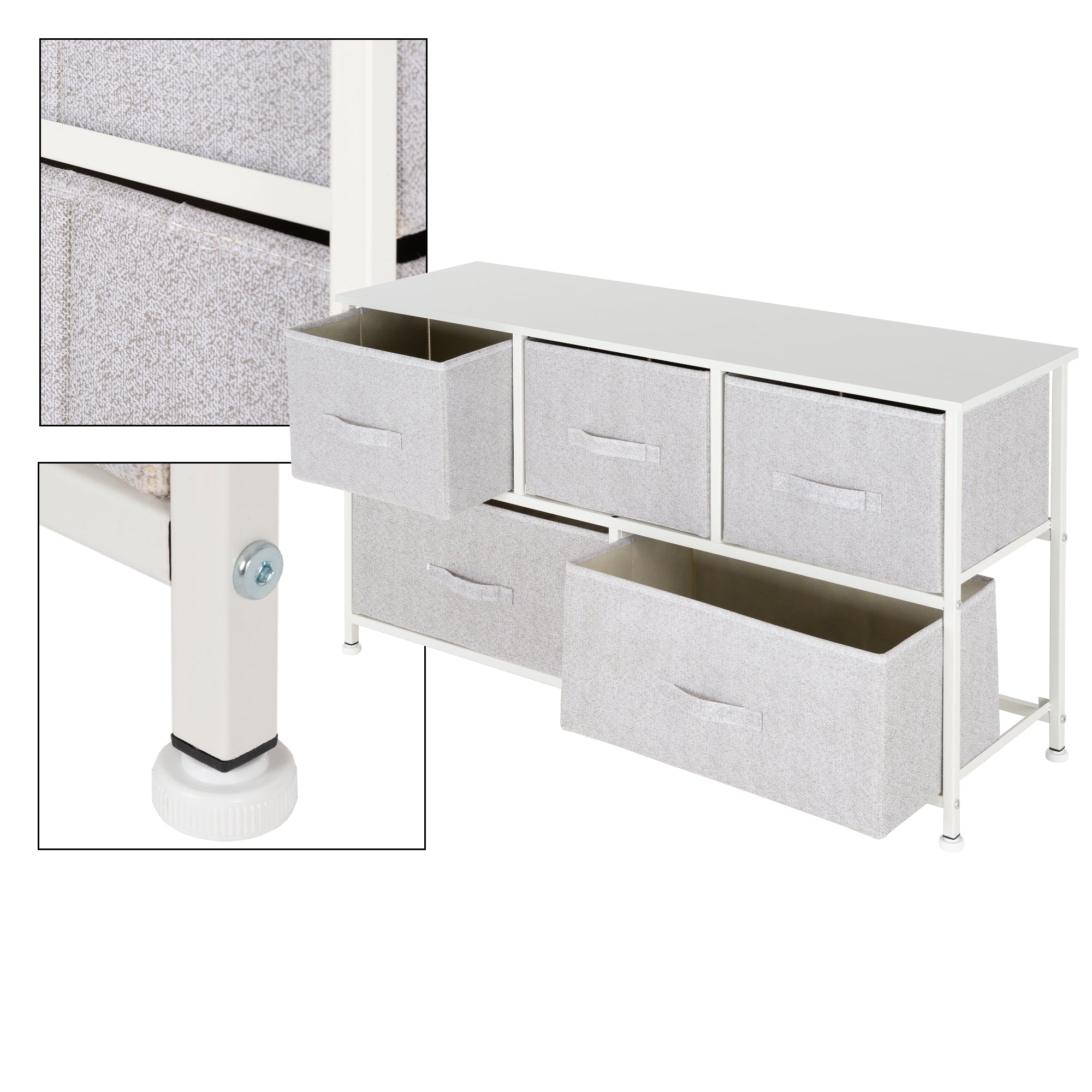 Detail view of a piece of furniture with drawers and a sturdy frame.