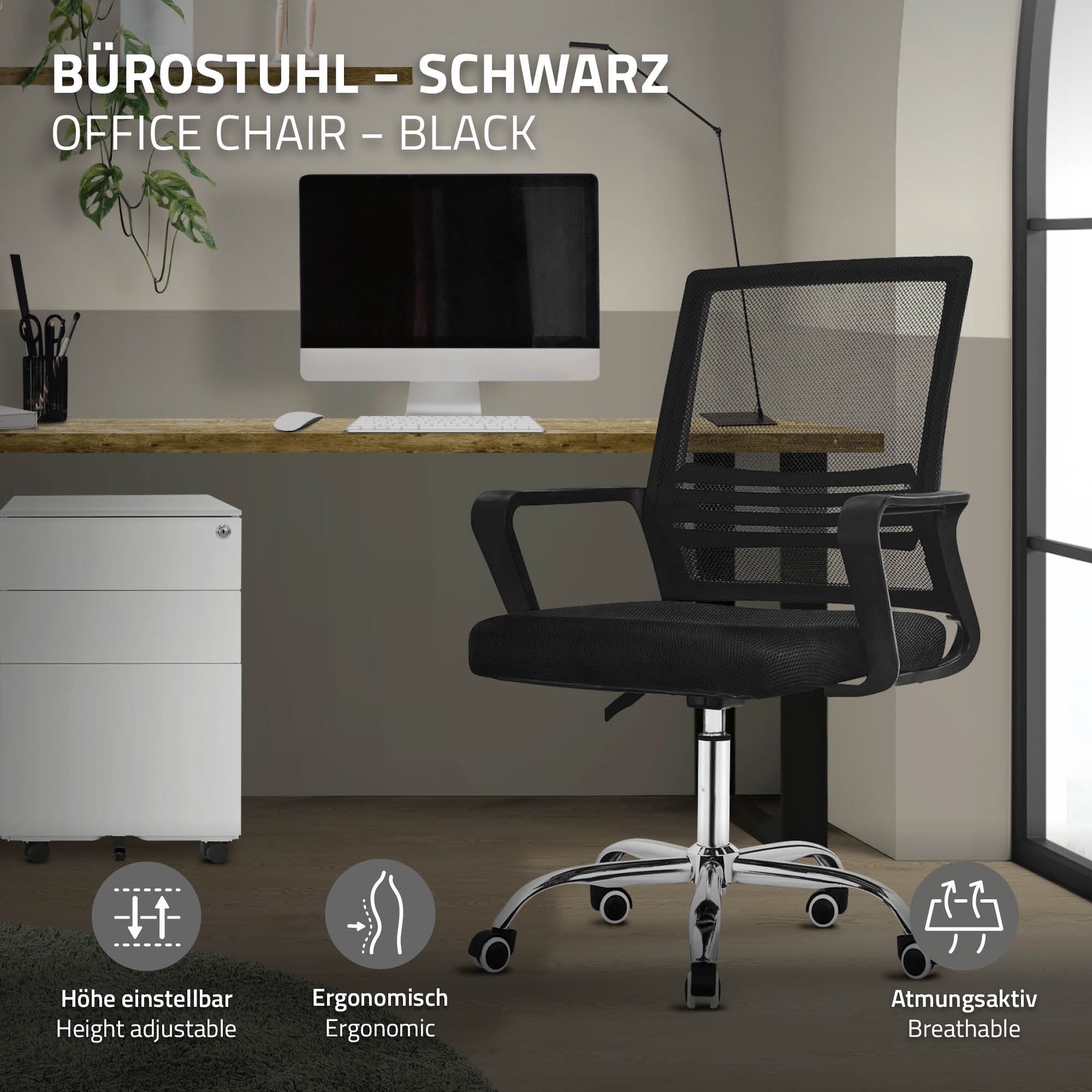 Schwarzer Bürostuhl mit verstellbarer Höhe und ergonomischem Design.