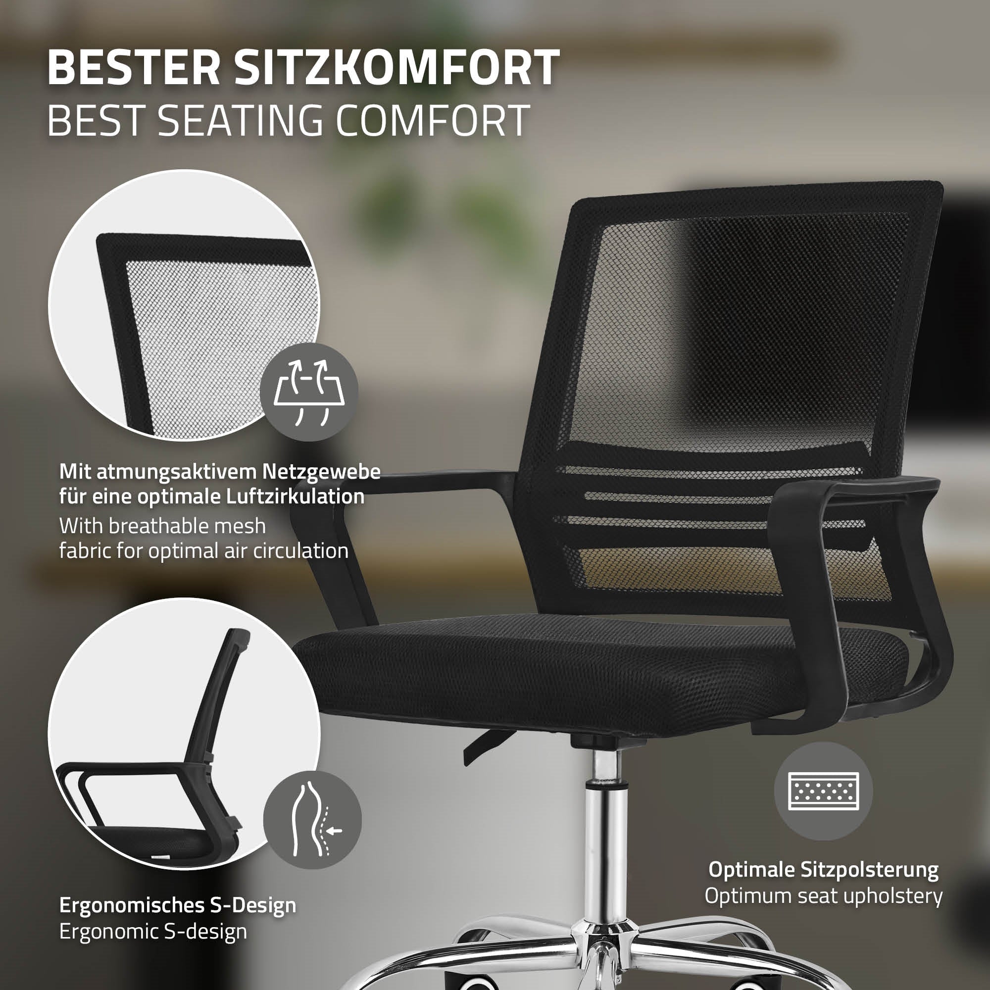Fekete irodai szék hálós anyagból és ergonomikus dizájnnal.