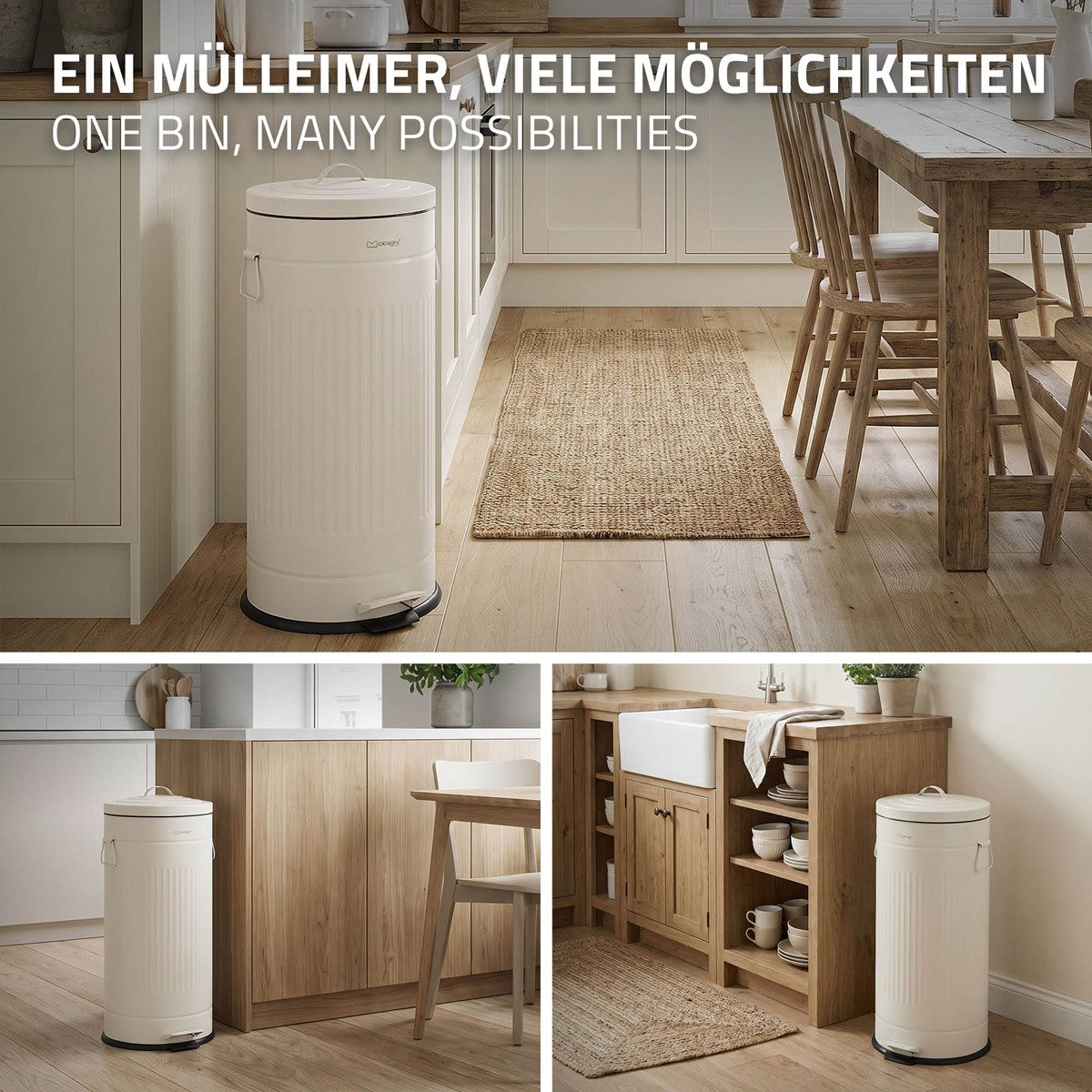 Drei Ansichten eines weißen Mülleimers in einer hellen Küche.