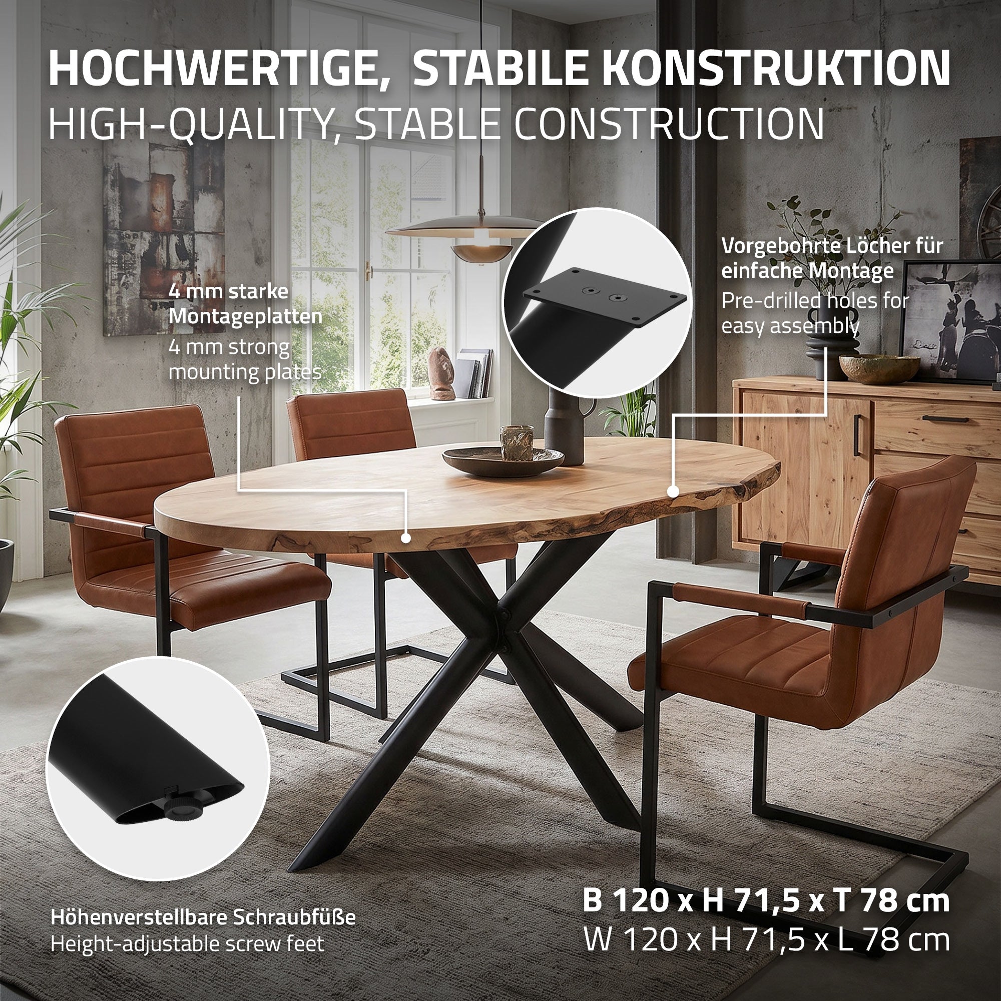 Tisch mit stabiler Konstruktion und höhenverstellbaren Schraubfüßen.
