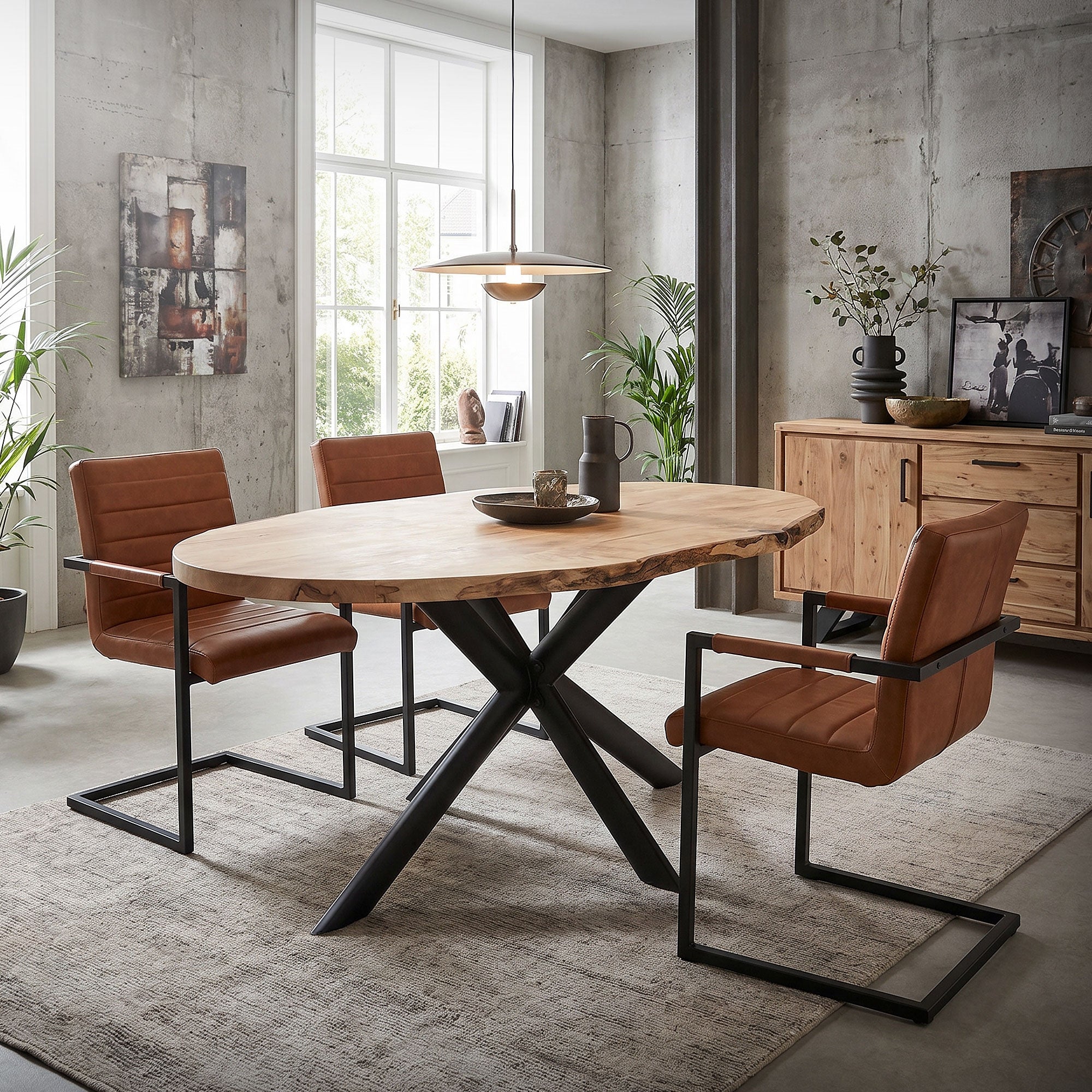Moderne Essgruppe mit runder Holzplatte und vier braunen Stühlen.