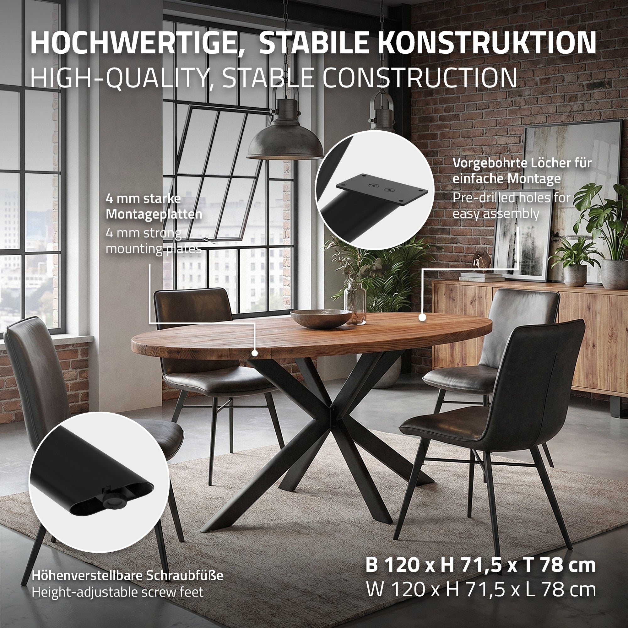 Tisch mit stabiler Konstruktion und höhenverstellbaren Schraubfüßen.