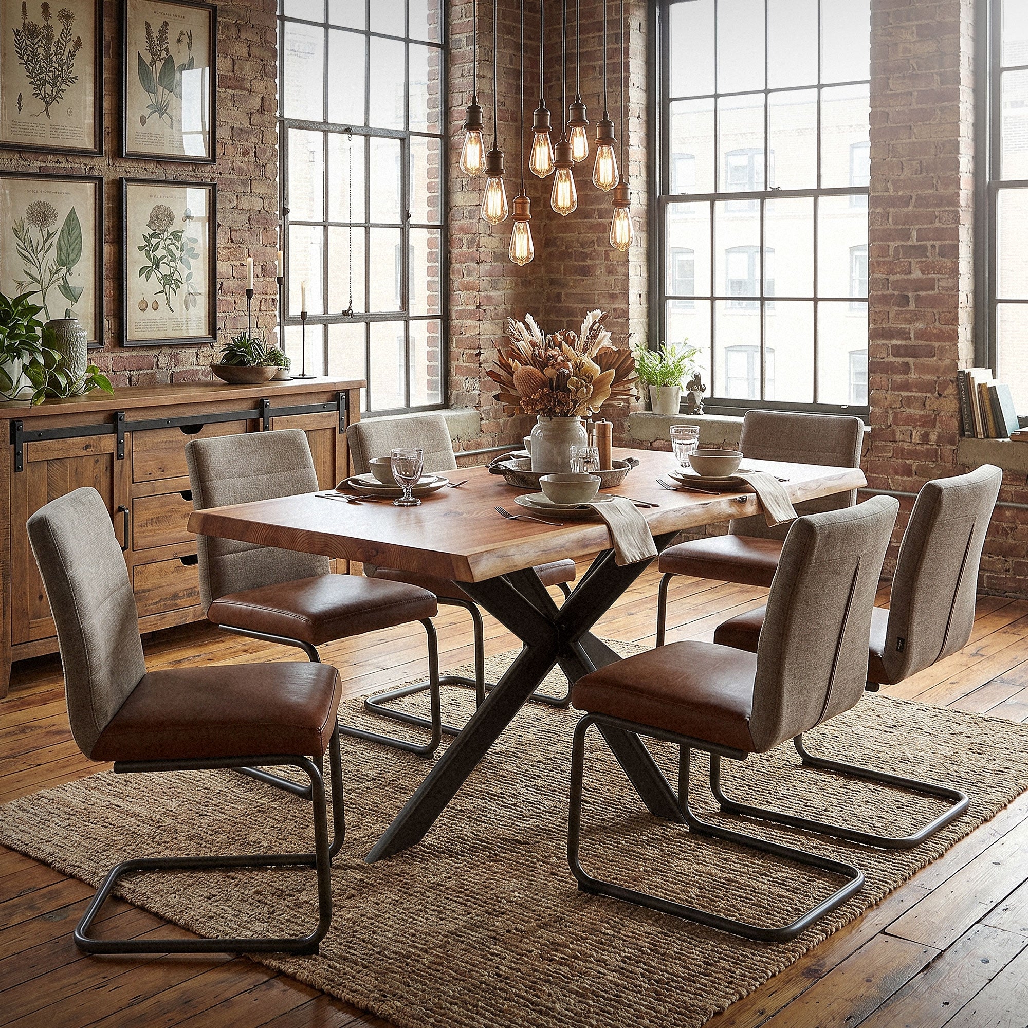 Dining table set with dishes and decoration in a rustic room.