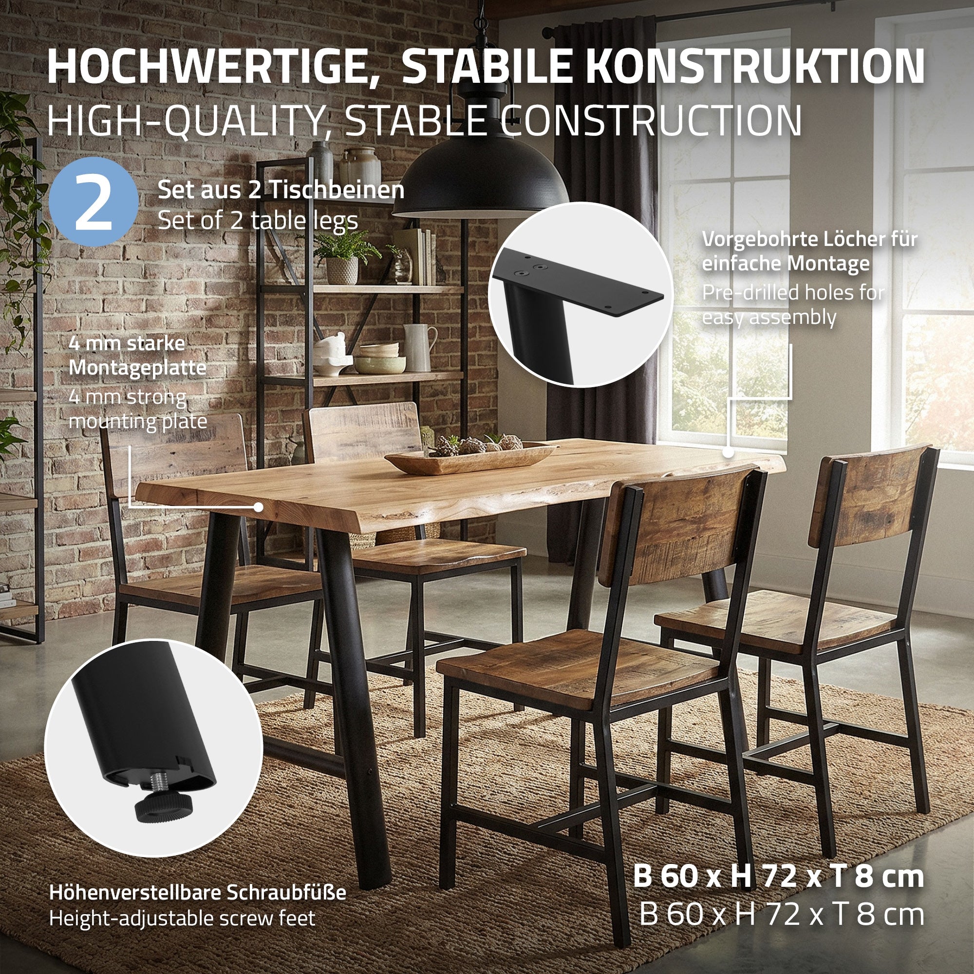 Esszimmer mit stabilen Tischbeinen und höhenverstellbaren Schraubfüßen.