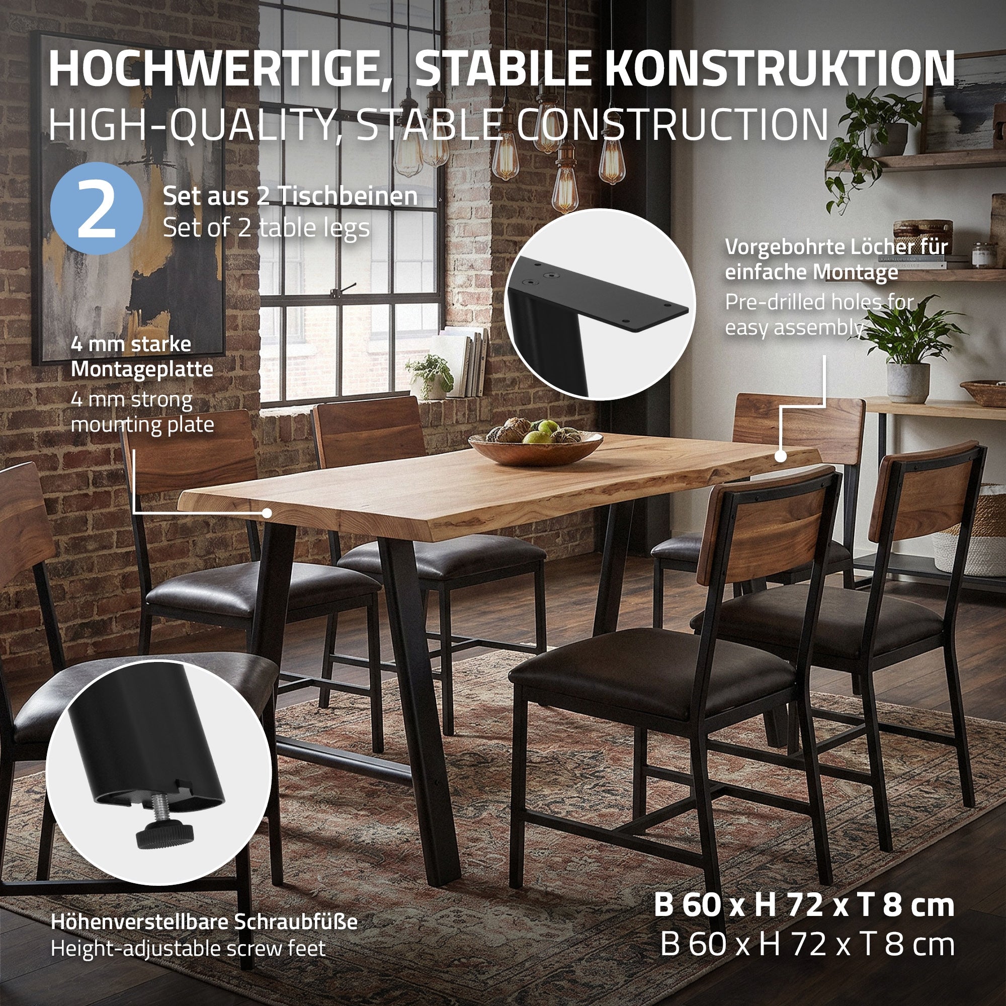 Ein Esstisch mit stabiler Konstruktion und höhenverstellbaren Schraubfüßen.