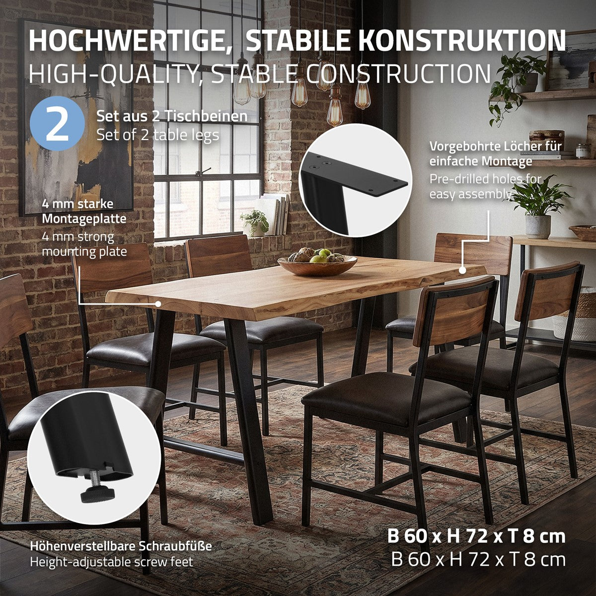 Ein Esstisch mit stabiler Konstruktion und höhenverstellbaren Schraubfüßen.