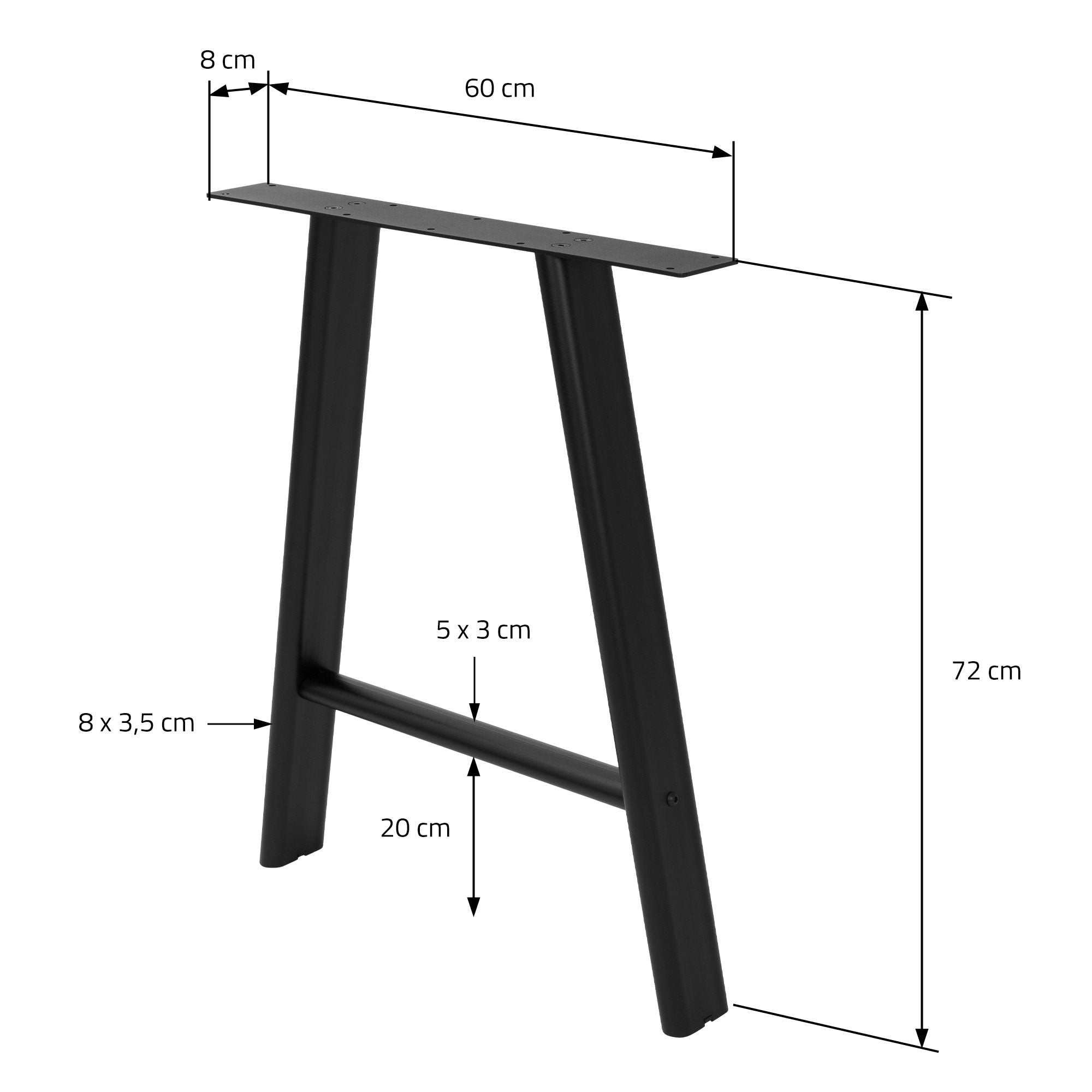 Maßzeichnung eines Tischbeins mit Abmessungen: 60 cm Breite, 72 cm Höhe, 8 cm Tiefe.