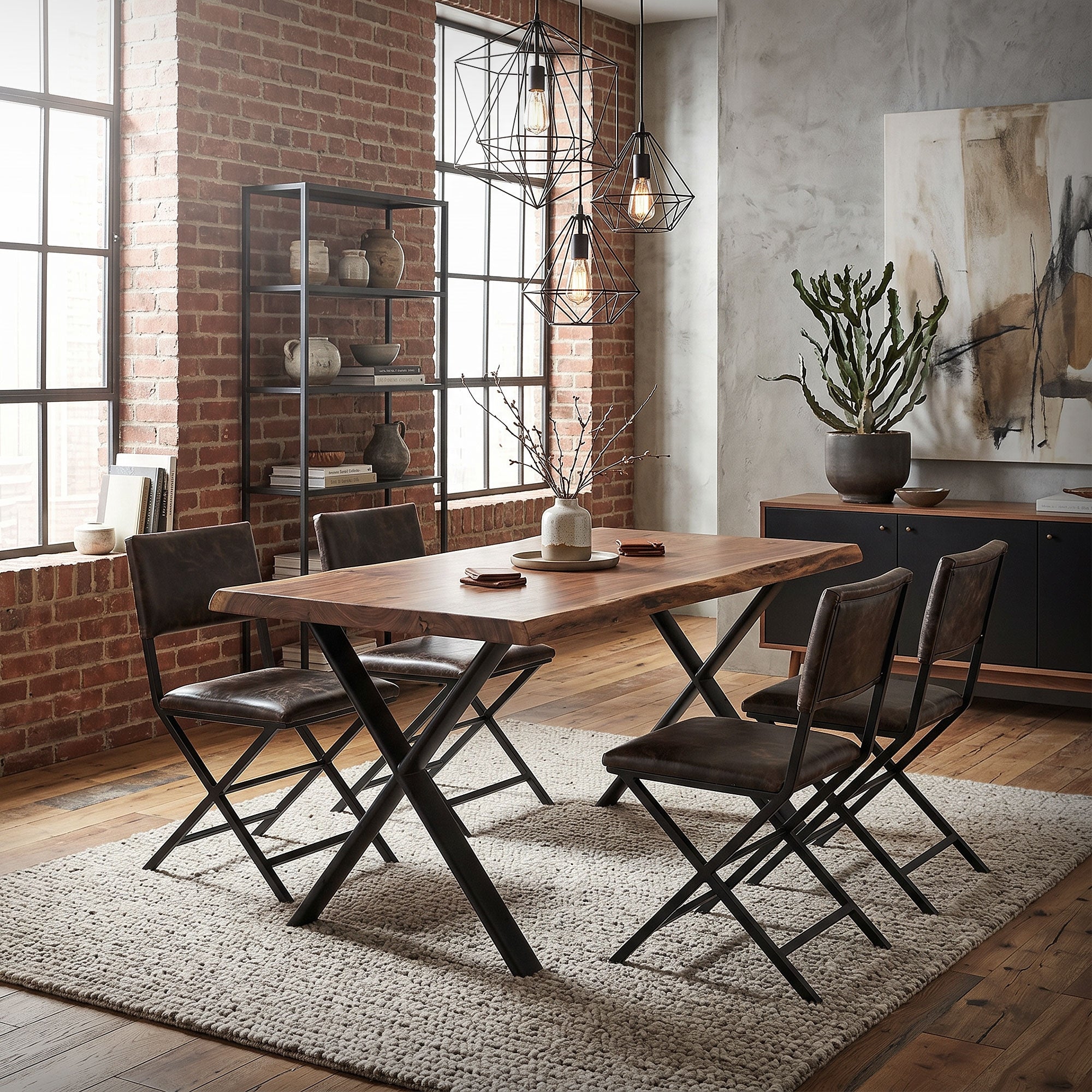 Un comedor con una mesa de madera y seis sillas sobre una alfombra.