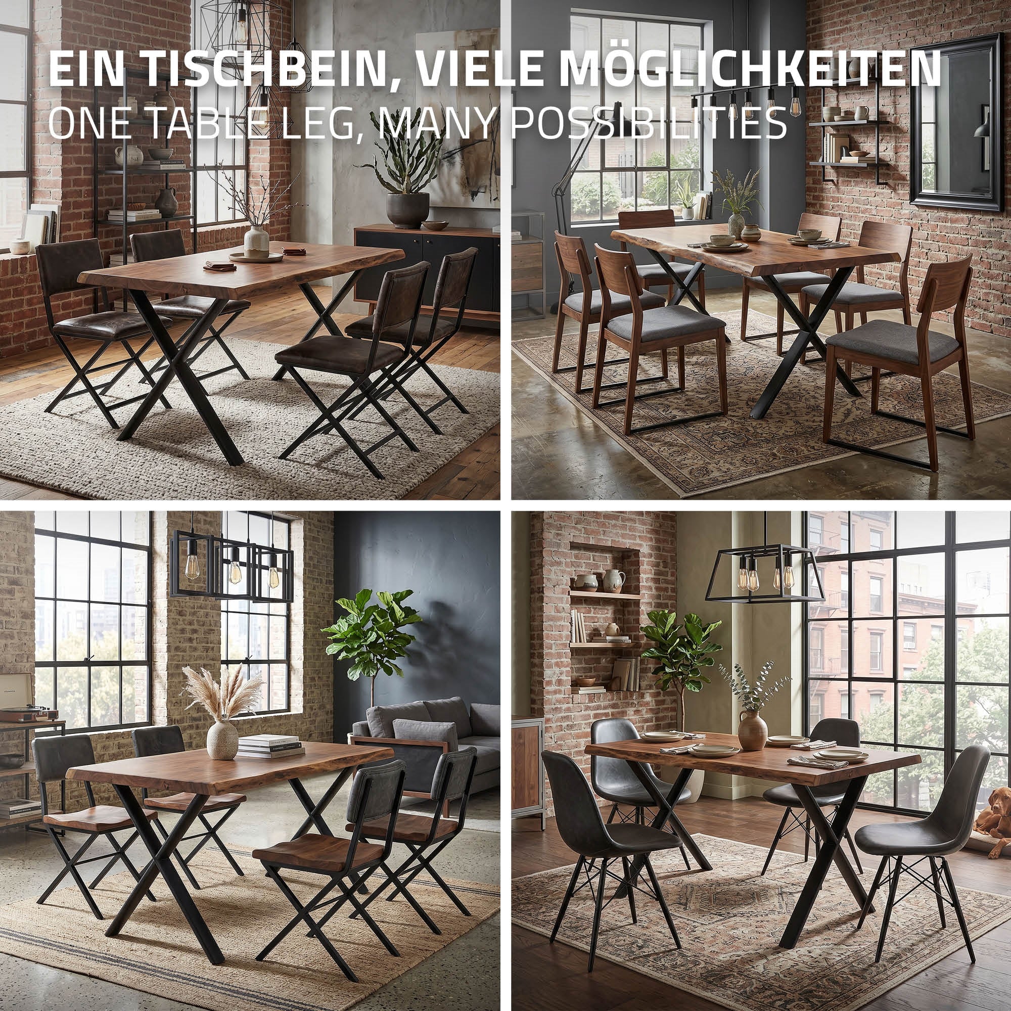 Cuatro imágenes de diferentes patas de mesa en un espacio moderno con sillas y mesas.