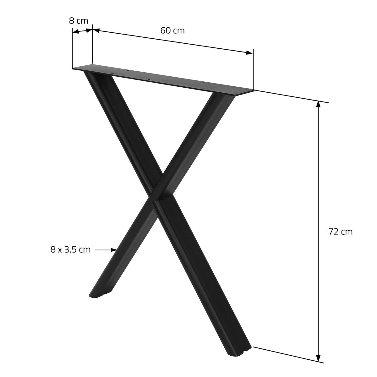 Perna de mesa preta em forma de X com as dimensões: 60 cm de largura, 72 cm de altura e 8 cm de profundidade.
