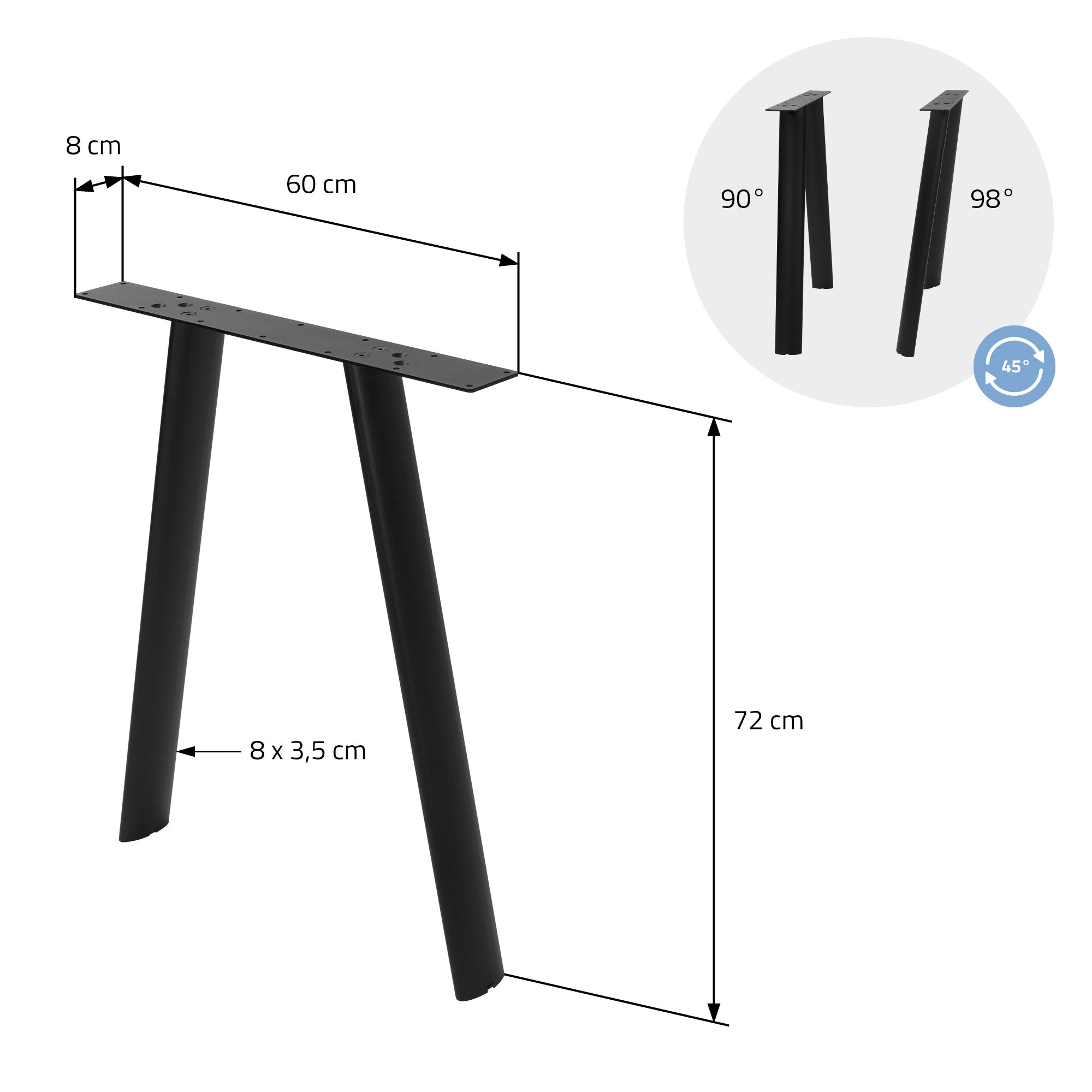 Disegno tecnico di una gamba del tavolo con misure e angoli.