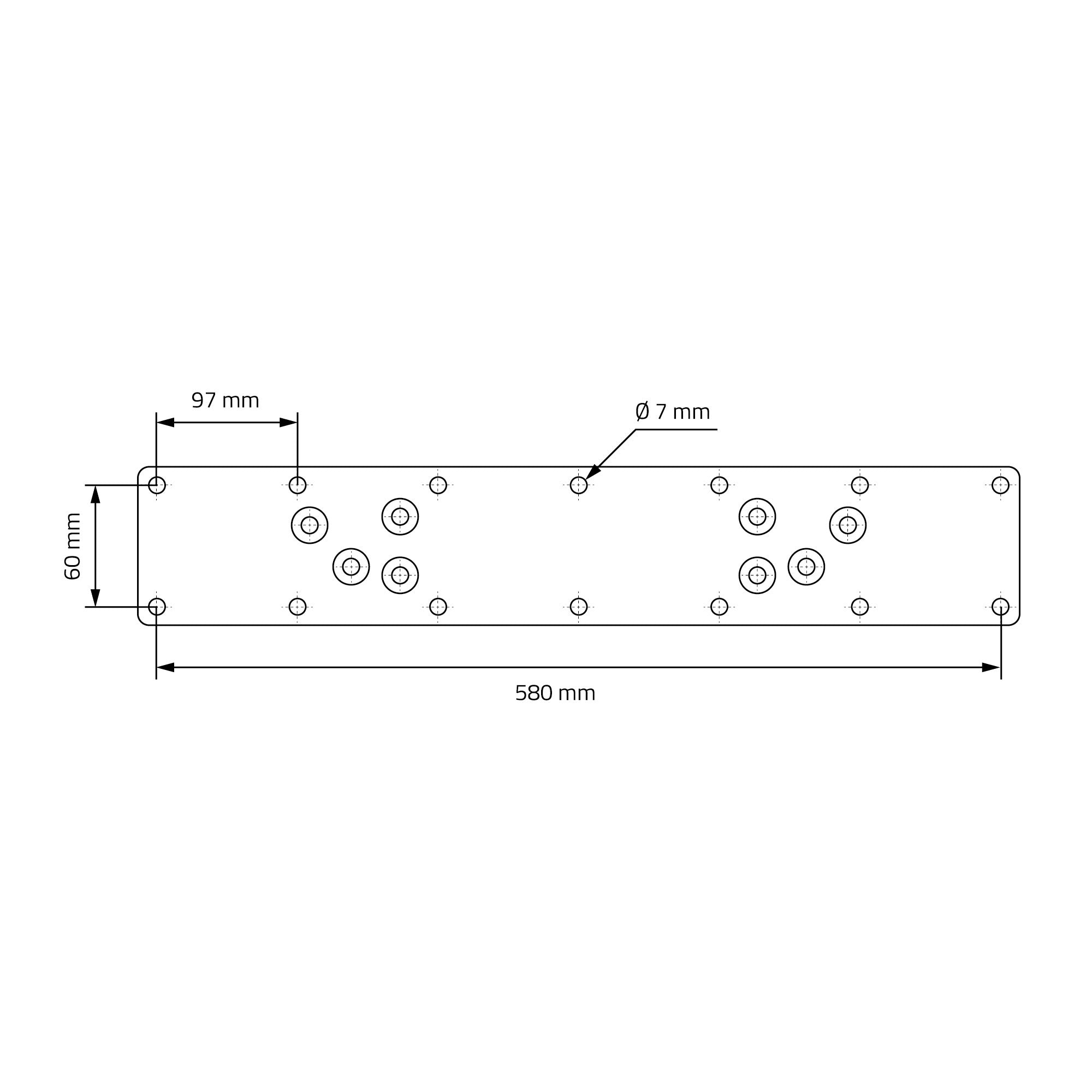 Disegno tecnico di un elemento di montaggio con misure e fori.