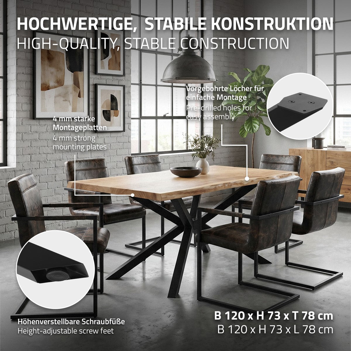 Ein Esstisch mit stabilen Beinen und Stühlen in einem modernen Raum.