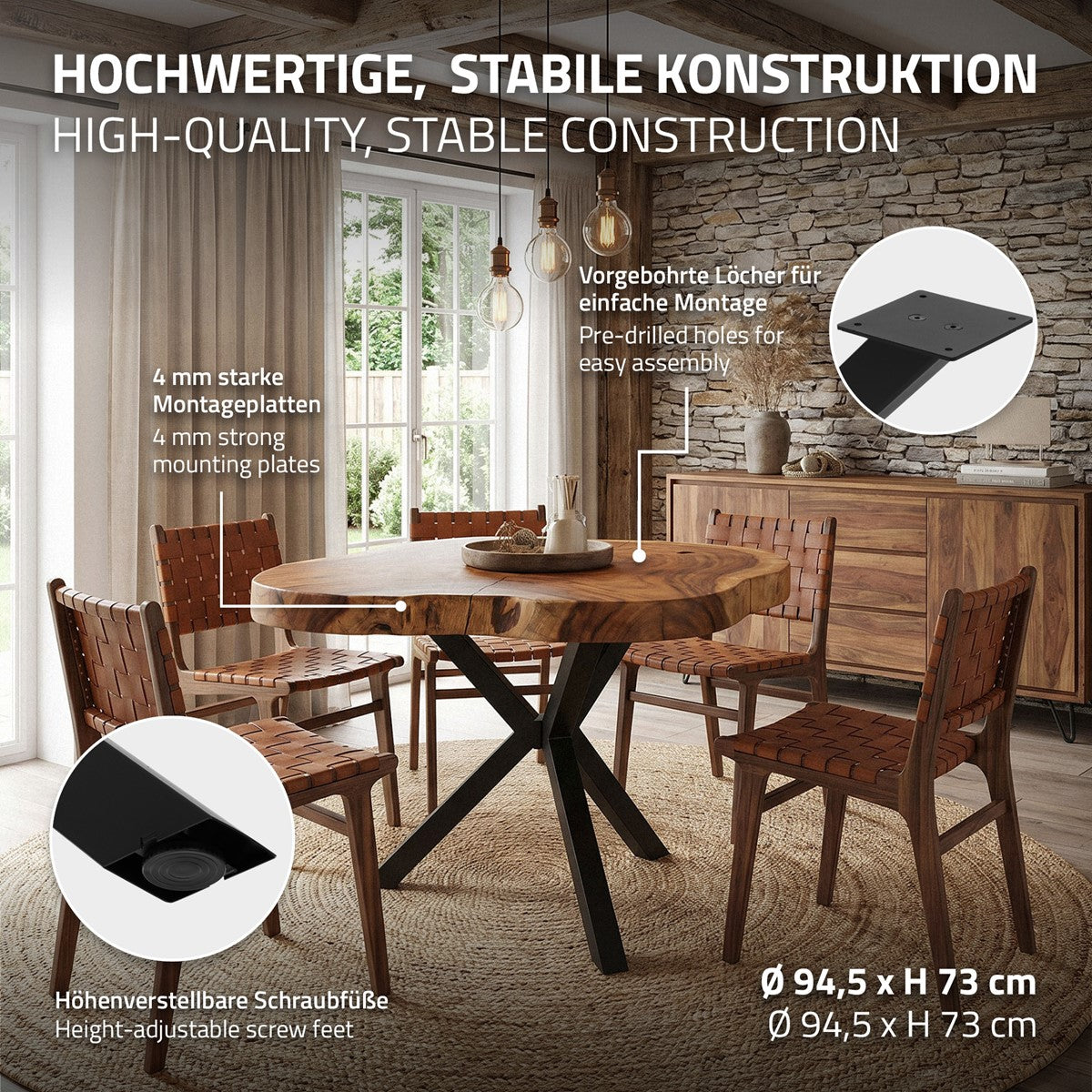 Ein runder Tisch mit stabiler Konstruktion und höhenverstellbaren Füßen.
