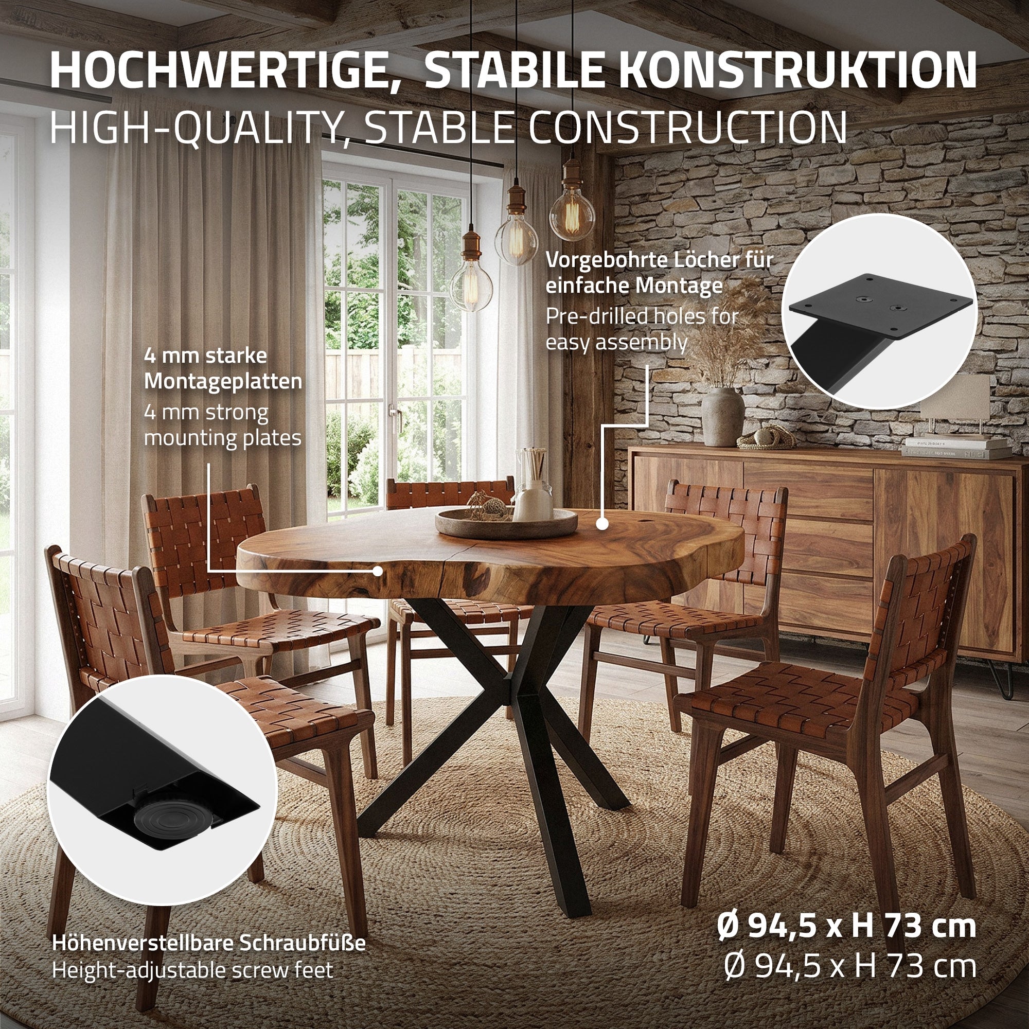 Ein runder Tisch mit stabiler Konstruktion und höhenverstellbaren Füßen.