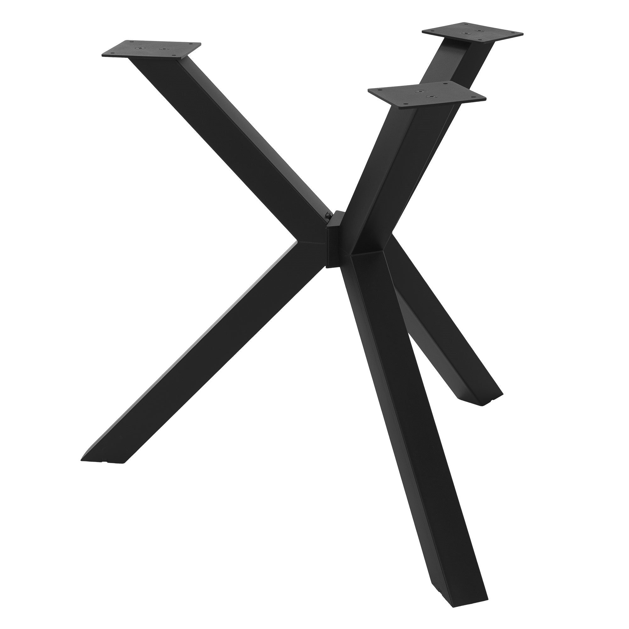 Ein schwarzes Tischgestell mit X-förmigen Beinen.