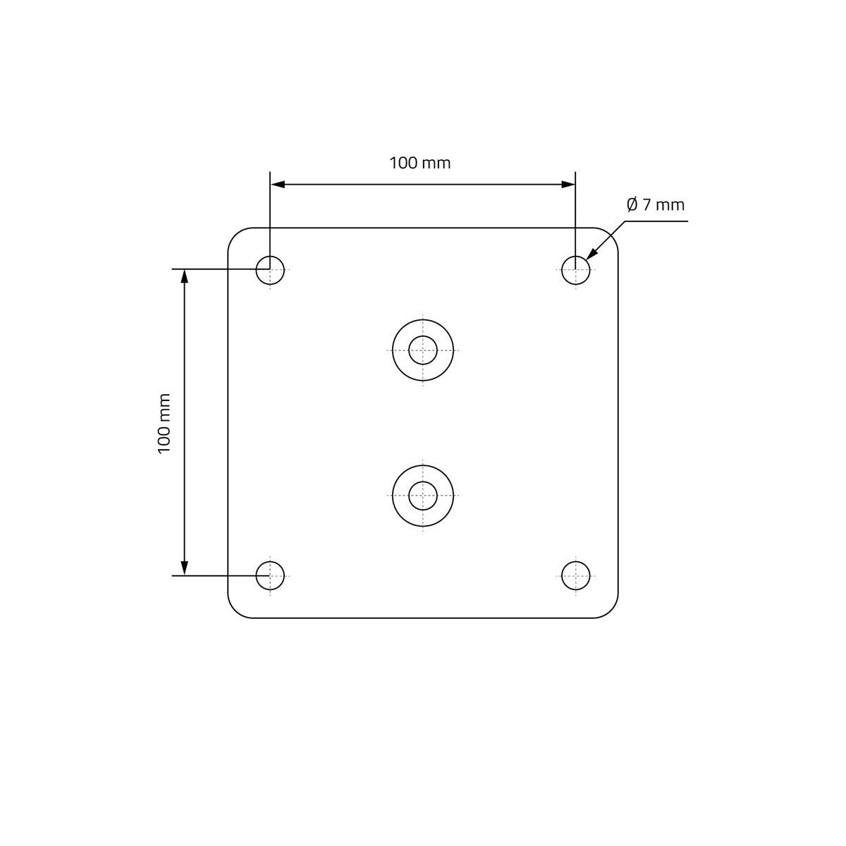 Technische Zeichnung eines quadratischen Plattenhalters mit Maßen.