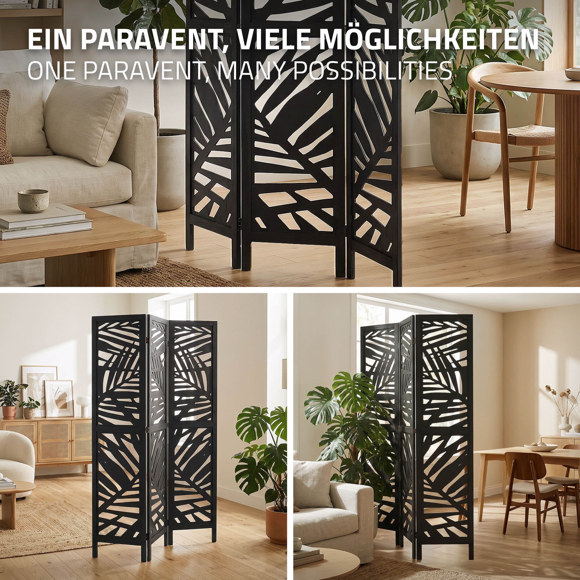Ein schwarzer Raumteiler mit Pflanzenmotiven in einem hellen Raum.