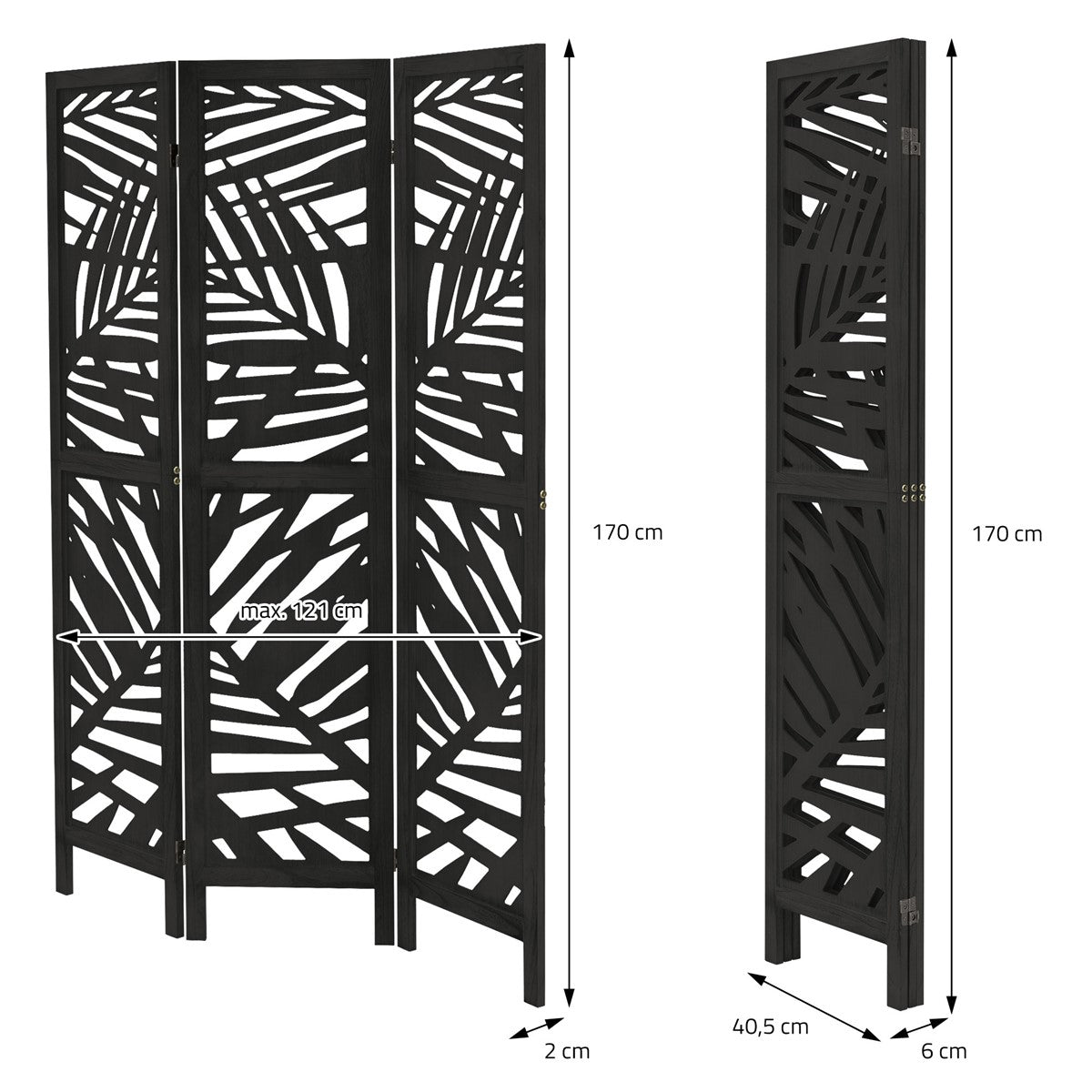 Separé nero in legno con motivi geometrici, dimensioni: altezza 170 cm, 40,5