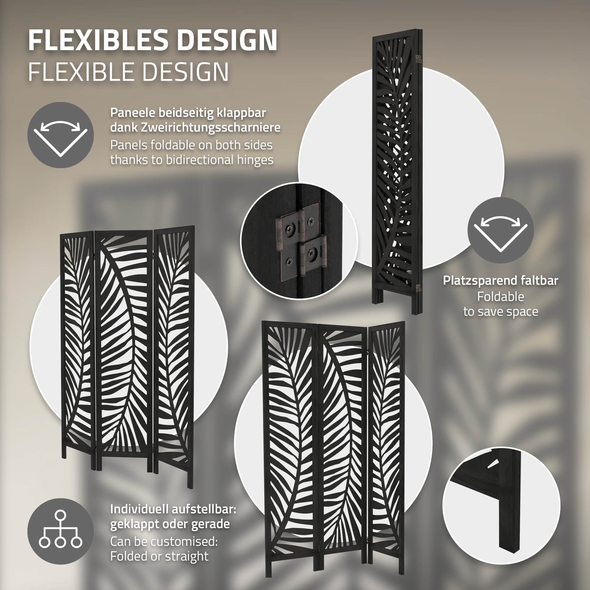 Grafik mit flexiblen Designmerkmalen eines klappbaren Raumteilers.