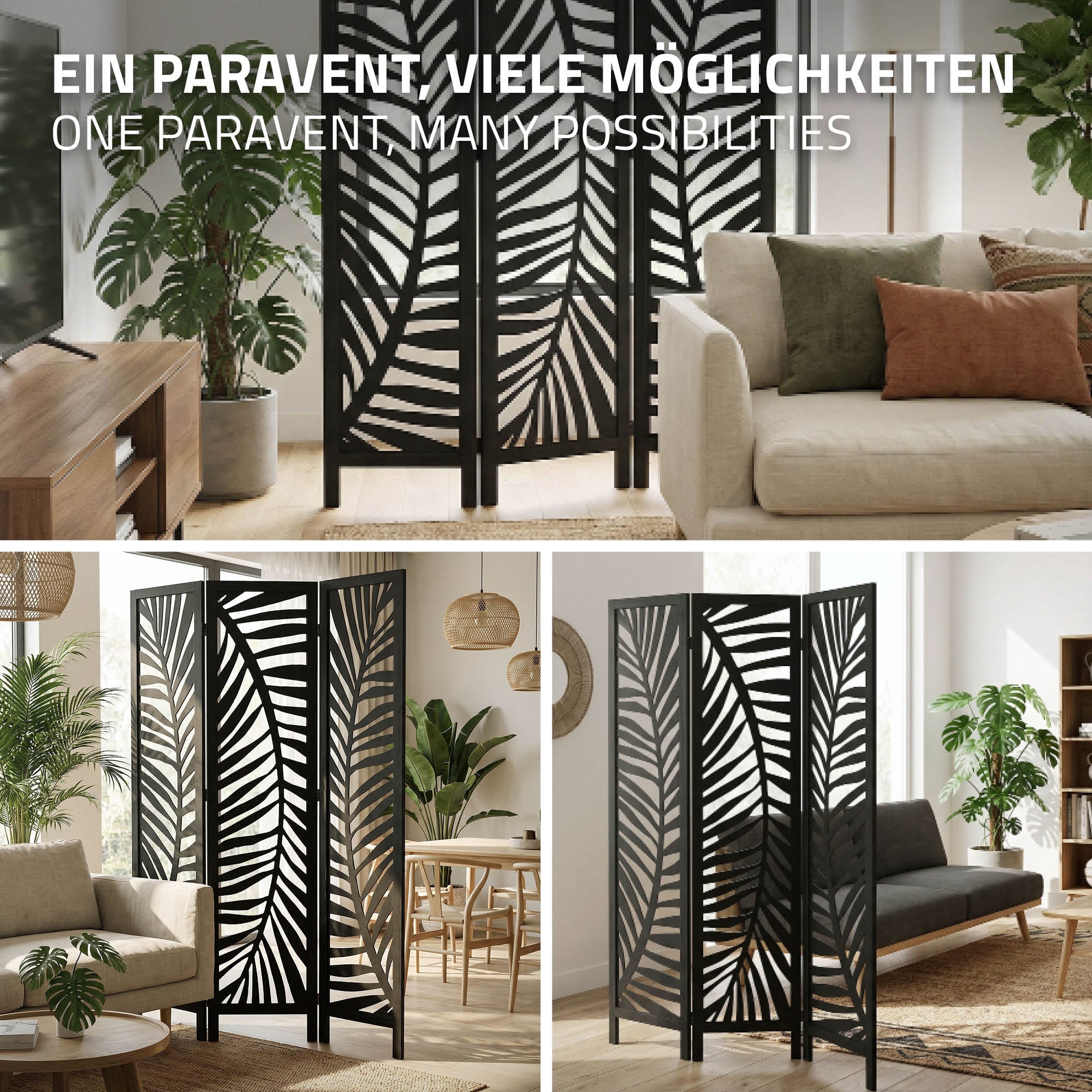 Ein schwarzer Raumteiler mit Pflanzenmotiven in einem modernen Raum.