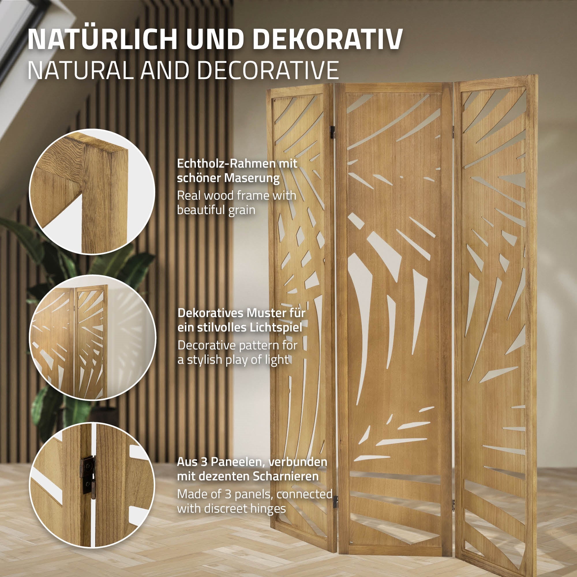 Holzraumteiler mit dekorativem Muster und drei Paneelen.