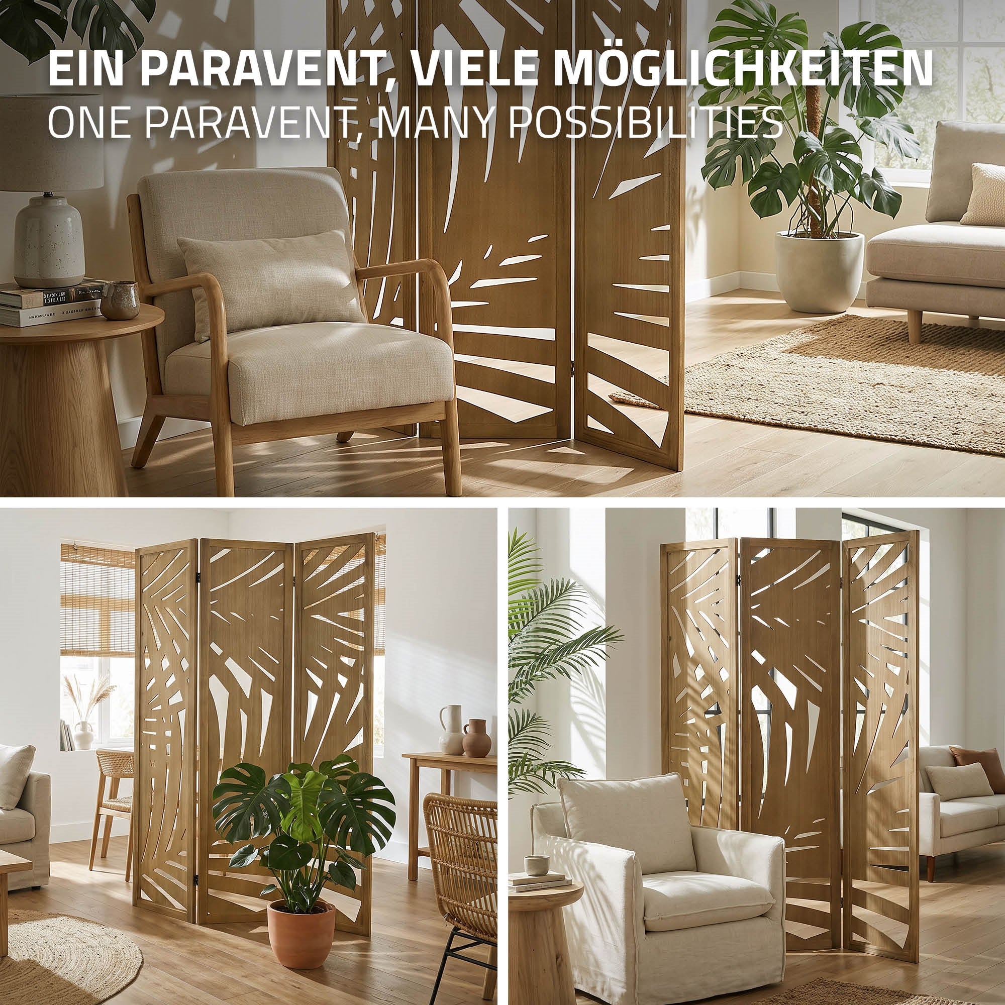 Ein Raumteiler aus Holz mit Pflanzenmotiven in einem hellen Raum.