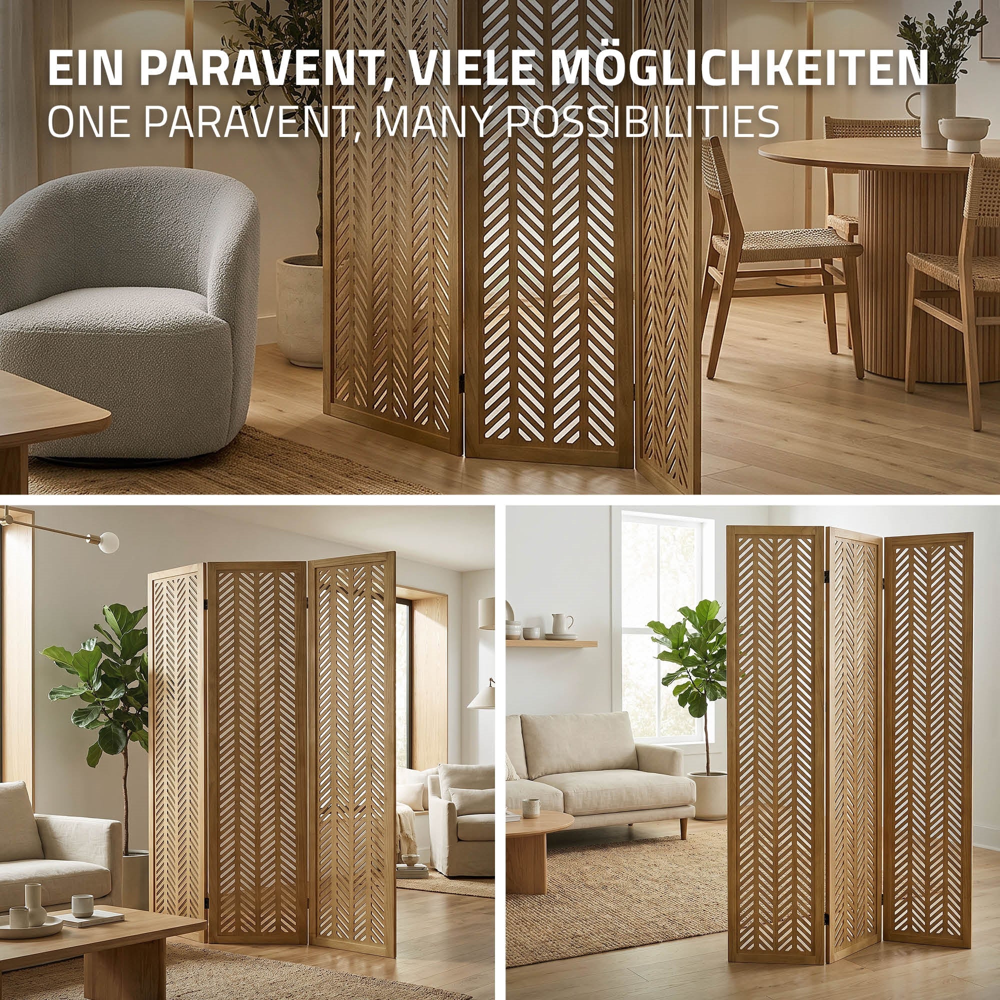 Raum mit einem hellen Paravent und Möbeln in einem modernen, einladenden Stil.