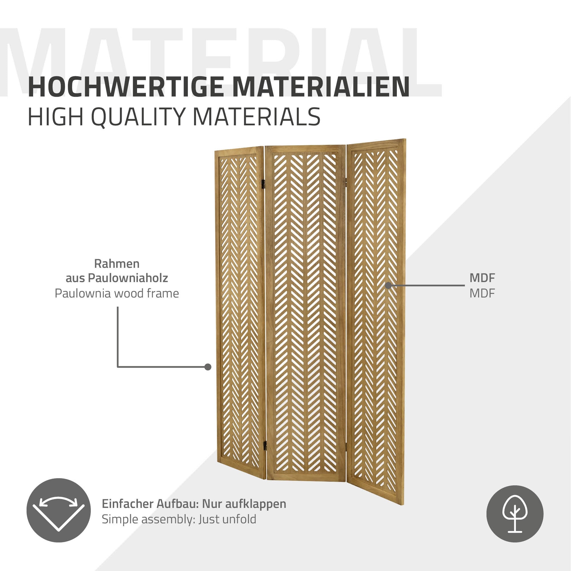 Dreiteiliger Paravent aus Paulowniaholz mit geometrischem Muster.