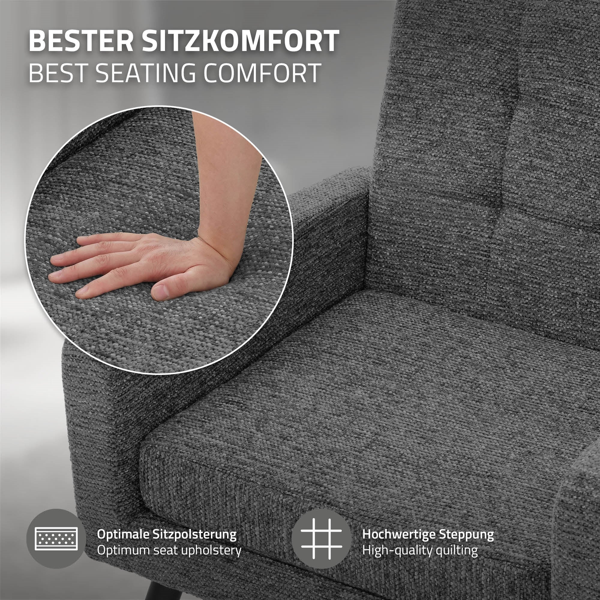Nahaufnahme einer Hand auf einem grauen Sessel mit Texturdetails.