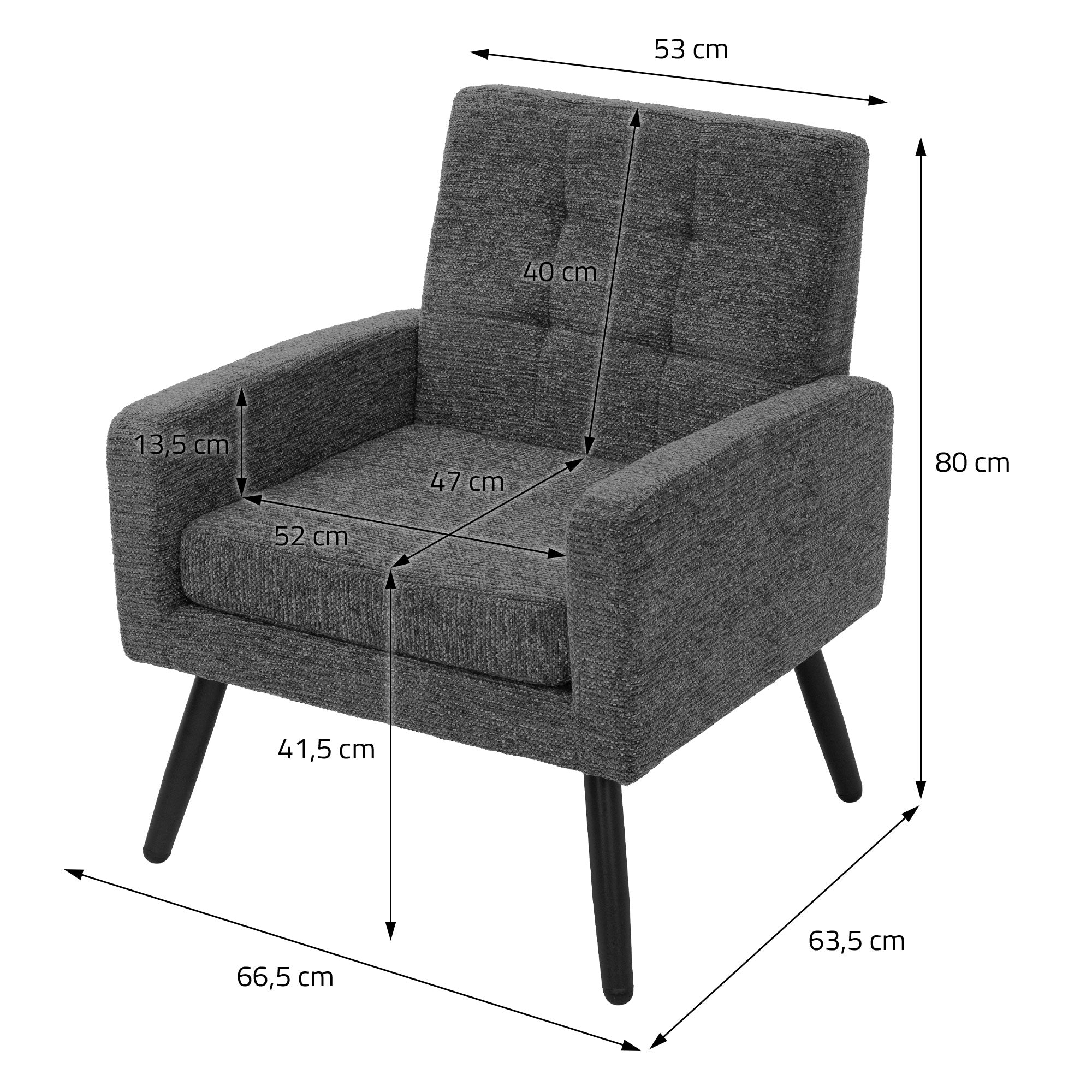 Sillón gris con especificaciones de medidas y detalles de textura sobre un fondo blanco.