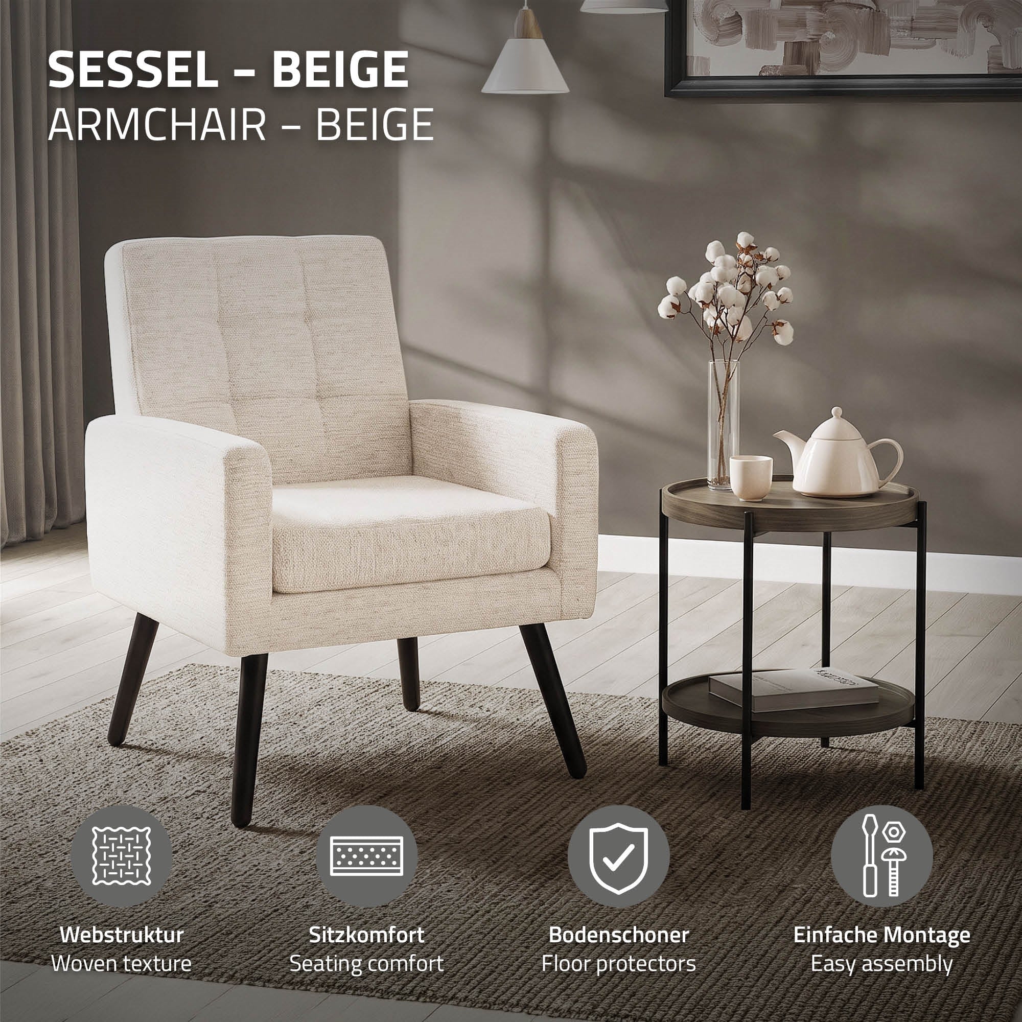 Beiger Sessel mit Tisch, Teekanne und Dekoration in einem modernen Raum.