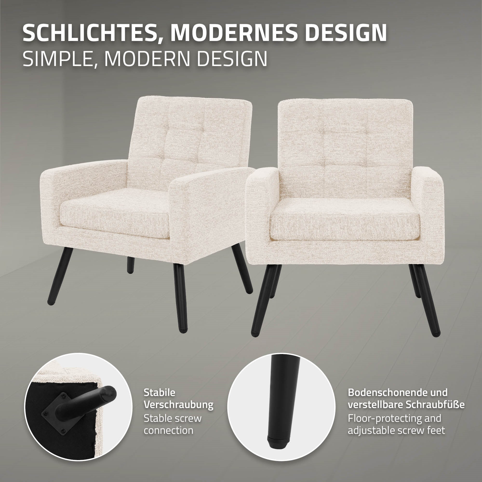 Dos sillones modernos en beige claro, con conexión de tornillo estable.