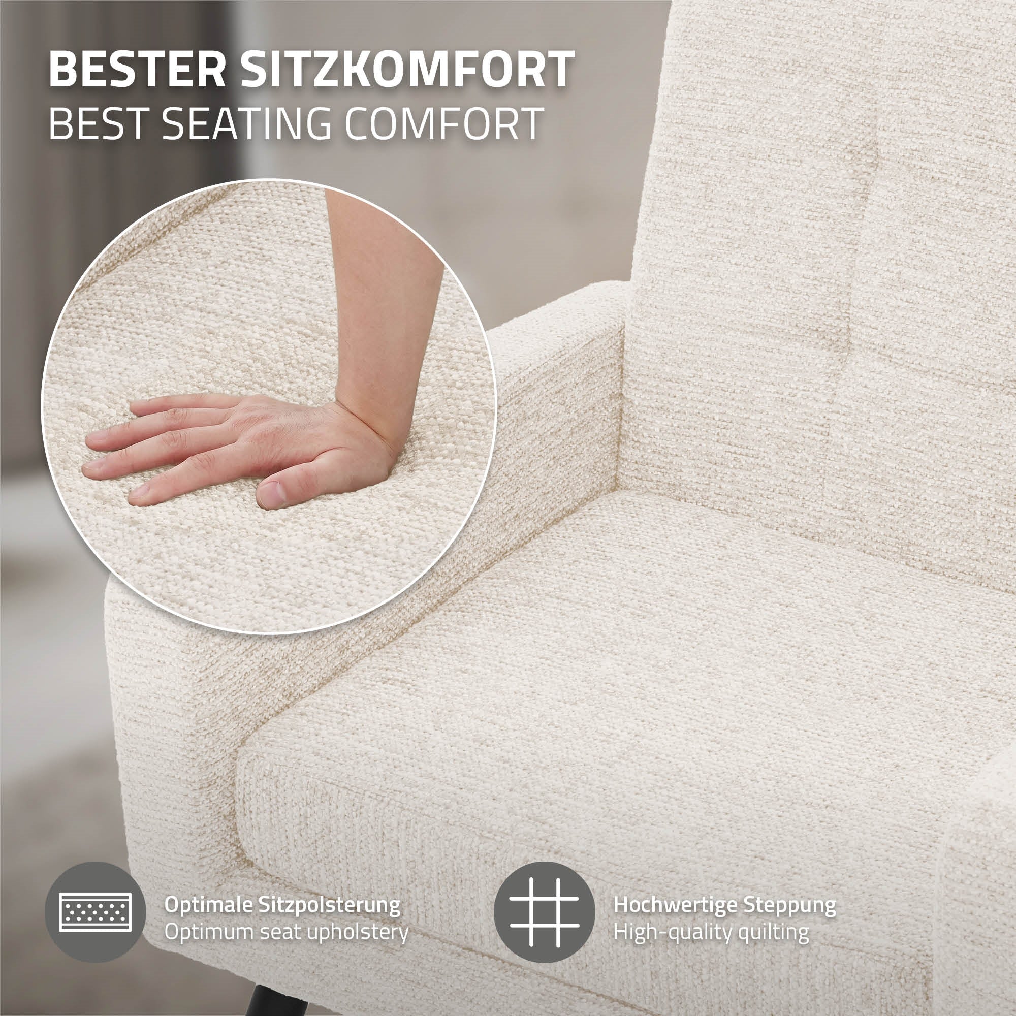 Primer plano de una mano sobre un asiento acolchado blanco.