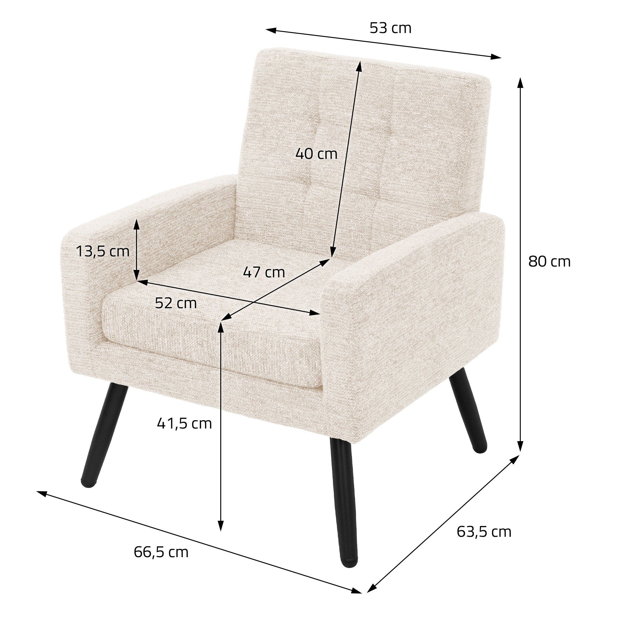 Sillón blanco con medidas: 53 cm de ancho, 80 cm de alto, 63,5 cm de profundidad.