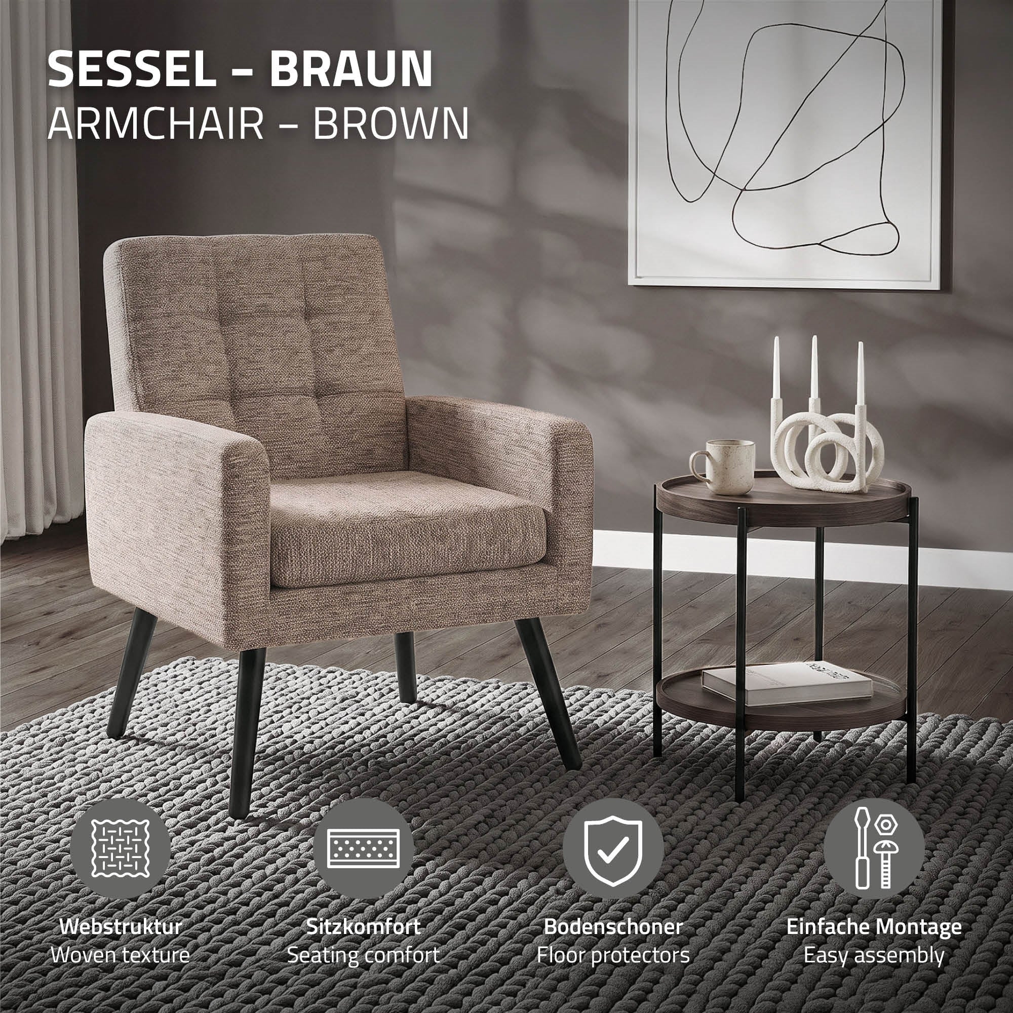 Beiger Sessel mit Informationen zu Webstruktur und Montage.