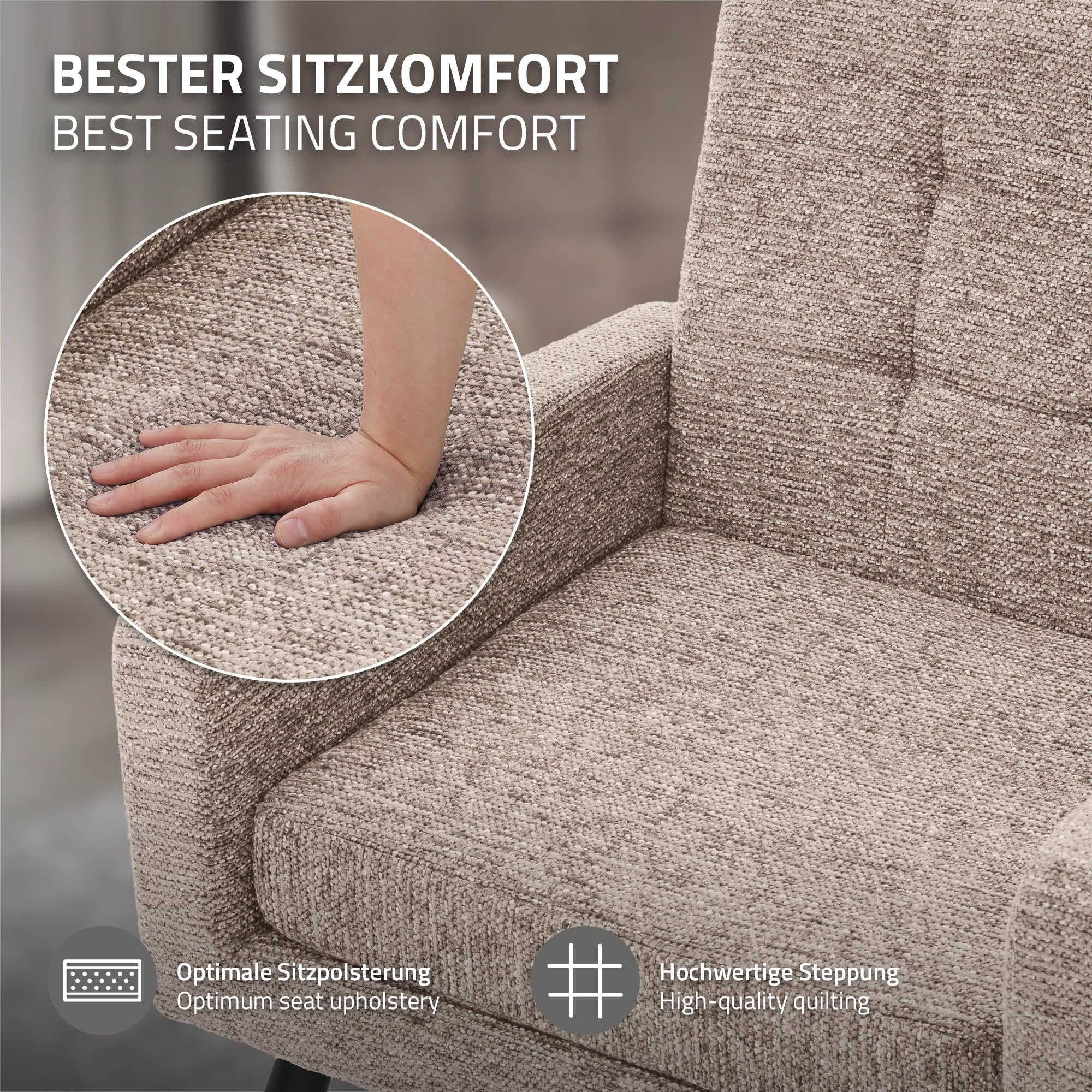 Close-up of a hand on a gray upholstered seat.