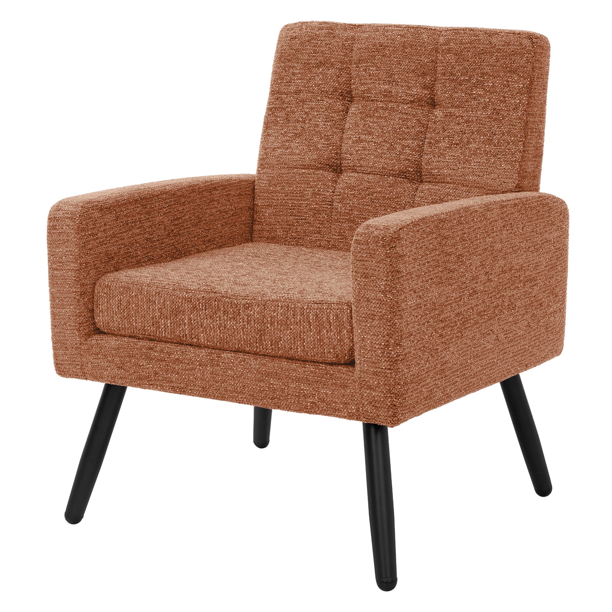Brauner Sessel mit quadratischer Form und schwarzen Beinen.