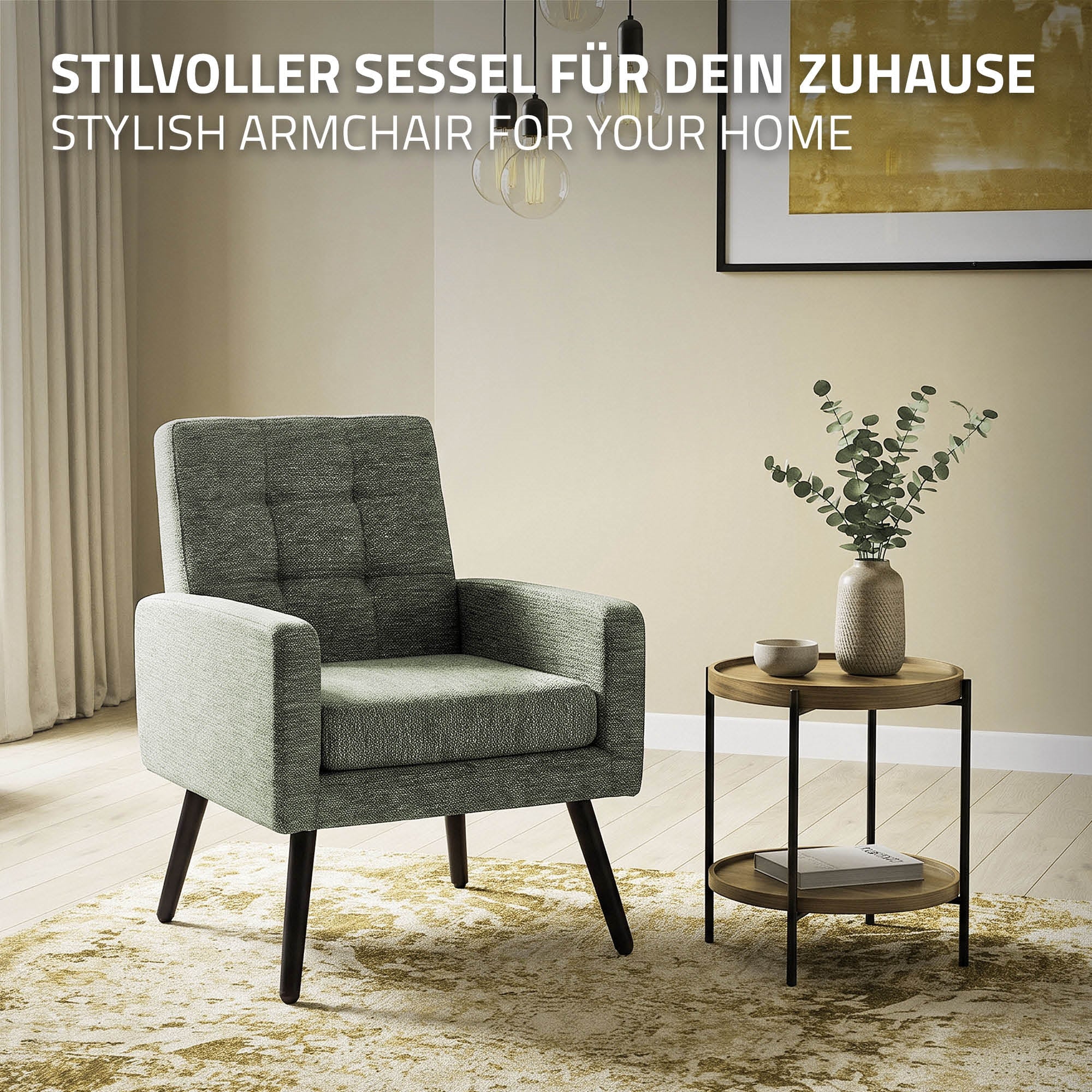 Green armchair next to a small table with a plant.