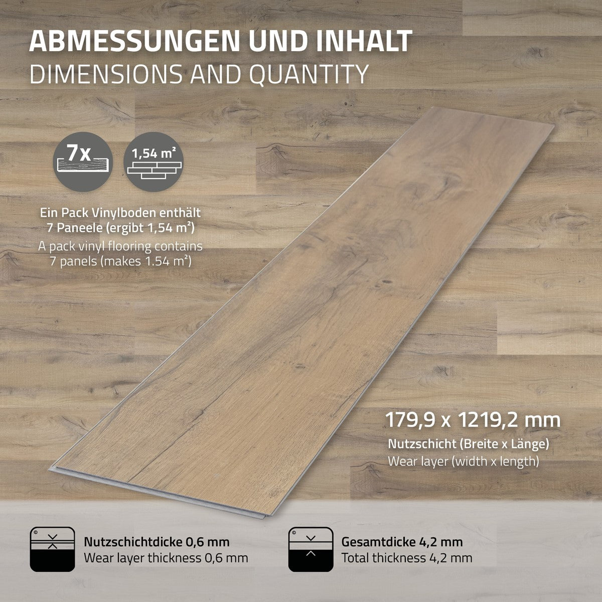 Packungsinhalt und Abmessungen eines Vinylbodens mit 7 Paneelen.