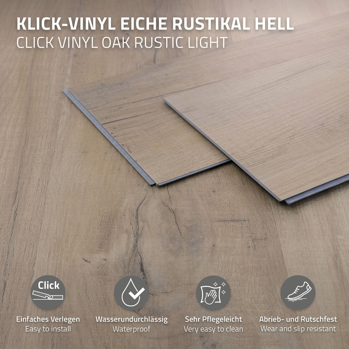 Klickvinylgolv i ljus rustik ek med skötselråd.