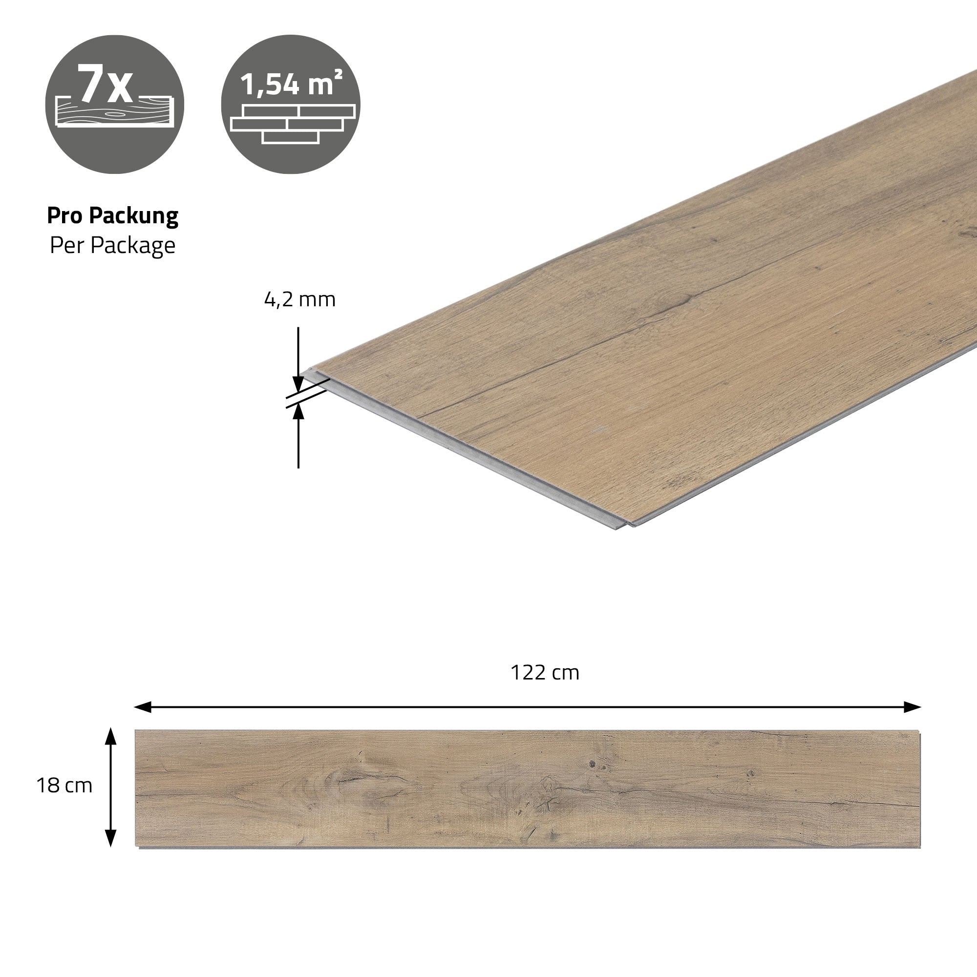Tabla de laminado con dimensiones e información de embalaje.