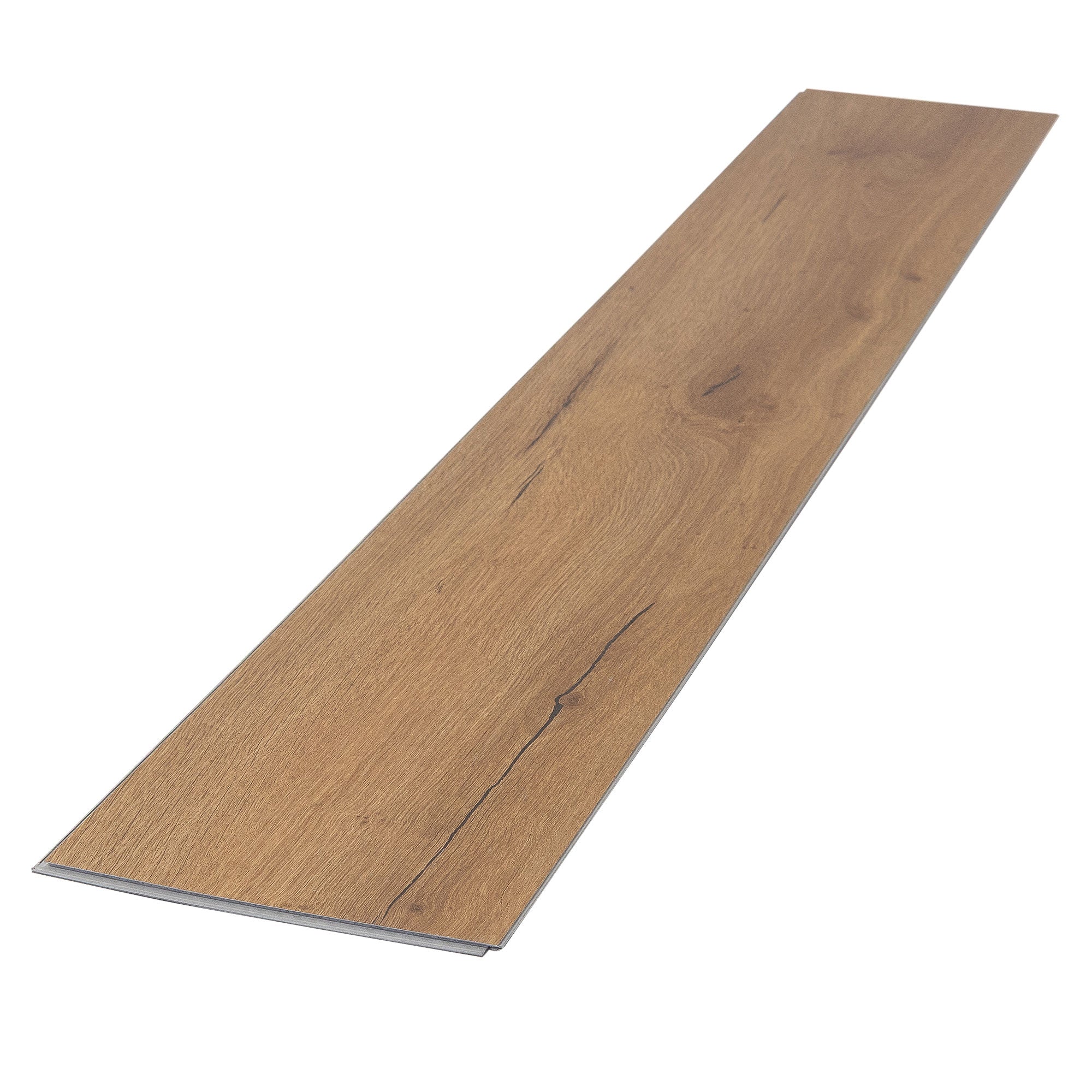 Einzelnes Stück eines Vinylbodens in Holzoptik auf hellem Hintergrund.