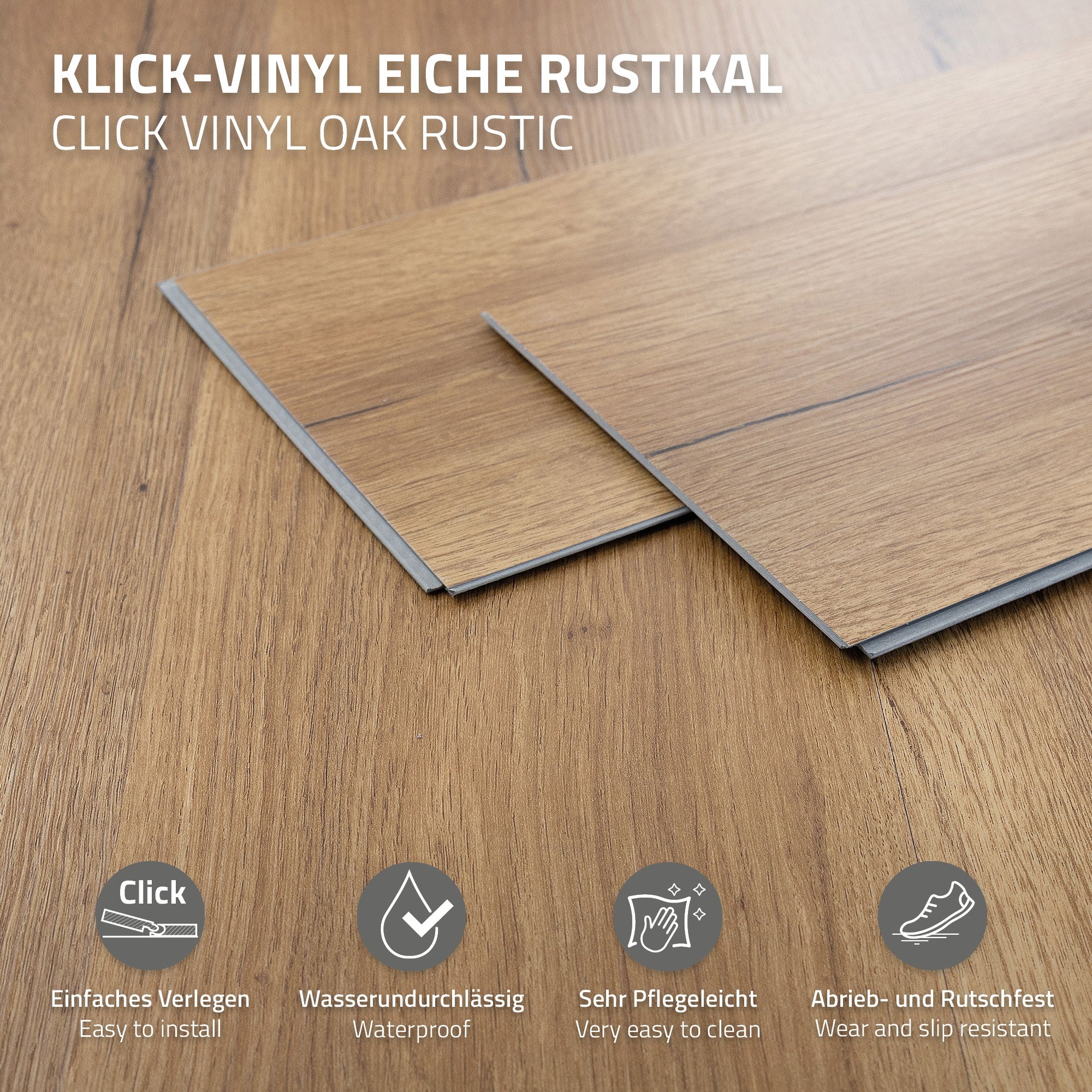 Klick-Vinylboden mit Pflegehinweisen und Eigenschaften.