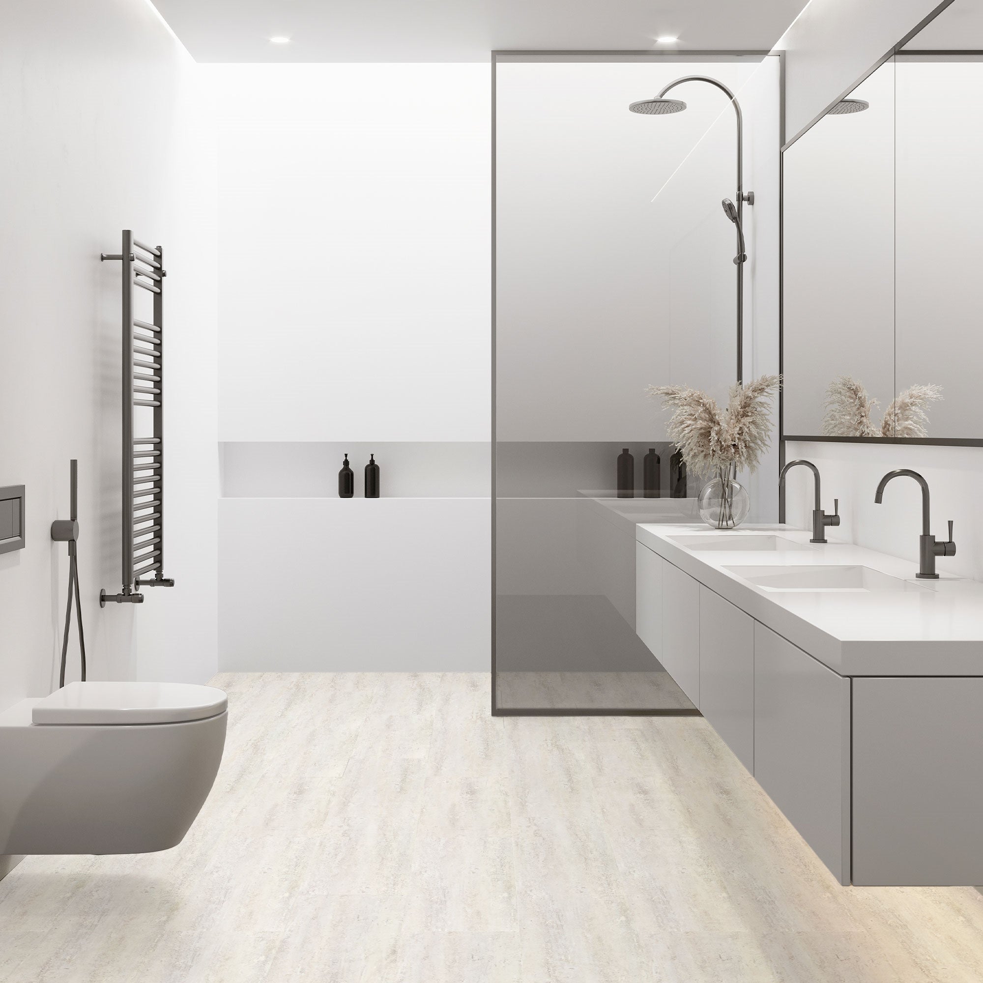 Modernes Badezimmer mit Waschbecken, Spiegel, Dusche und Pflanzen auf dem Waschbecken.