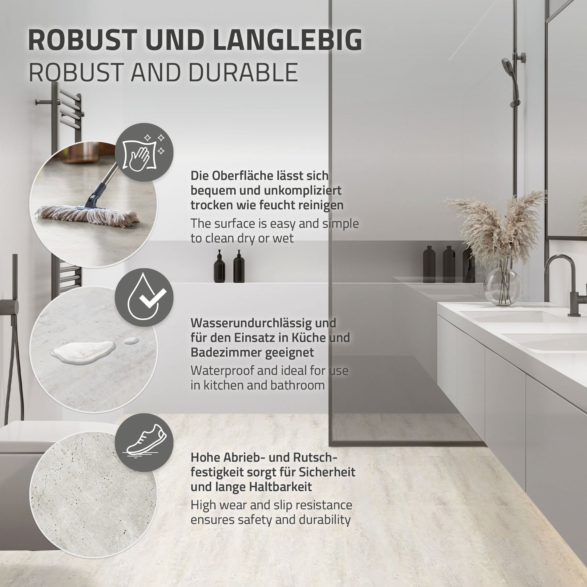 Moderne badeværelsesvisning med bruser, håndvask og håndklædetørrer.